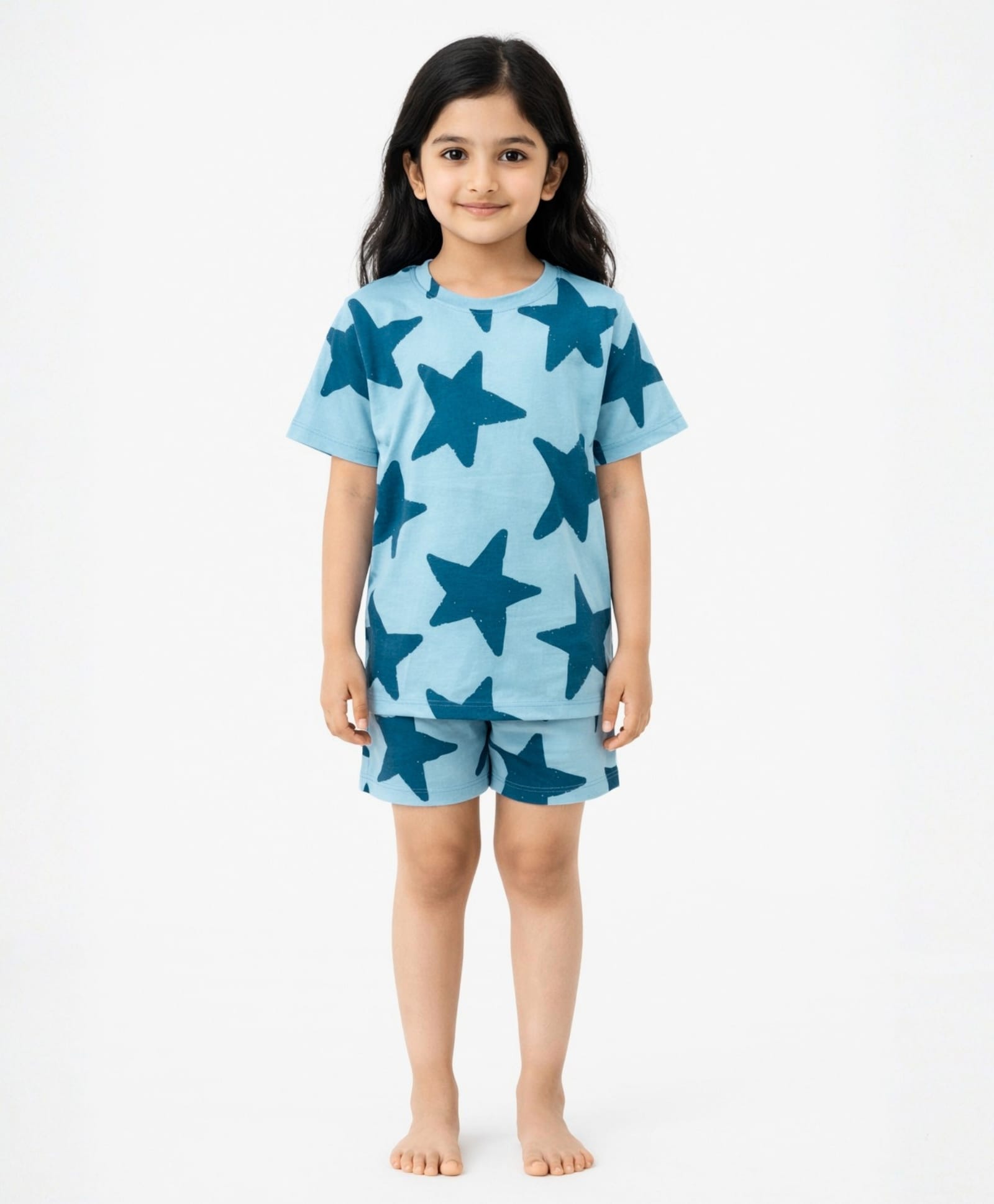 Anthrilo 100% Pure Cotton Knit Half Sleeves Star Printed Coordinating Tee & Shorts Night Suit - Blue-picture-32