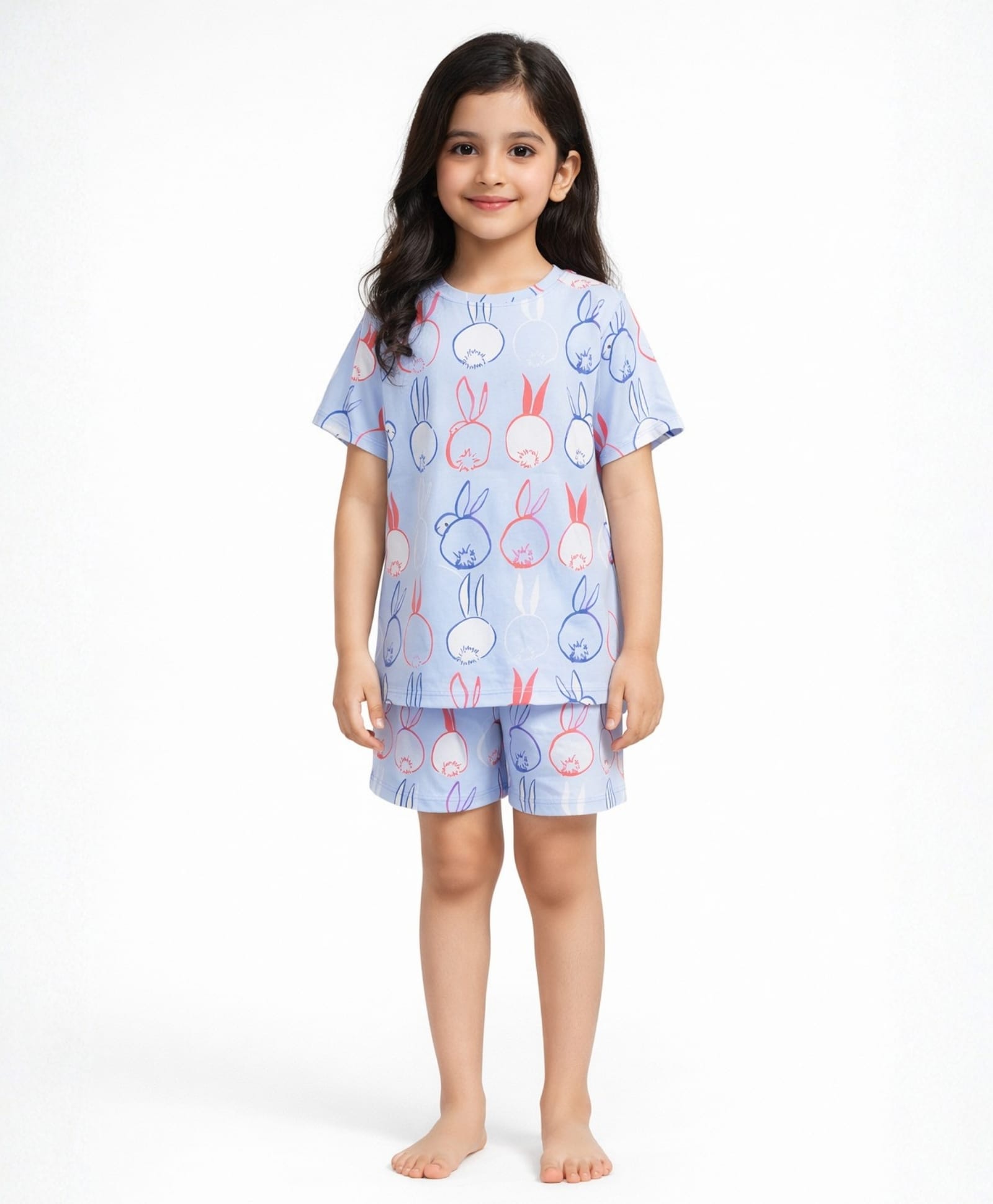 Anthrilo 100% Pure Cotton Knit Half Sleeves Bunny Printed Coordinating Tee & Shorts Night Suit - Blue-picture-33