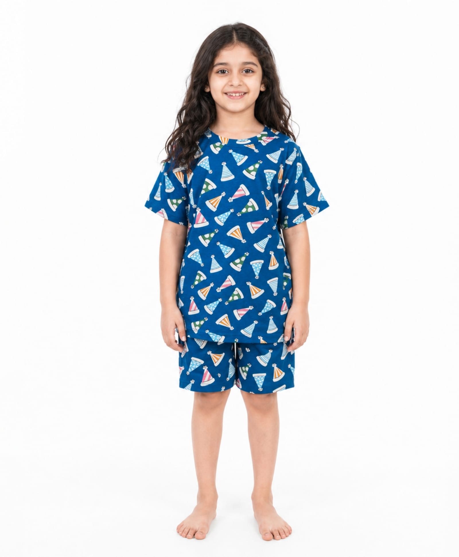 Anthrilo 100% Pure Cotton Knit Half Sleeves Party Caps Printed Coordinating Tee & Shorts Night Suit - Blue-picture-15