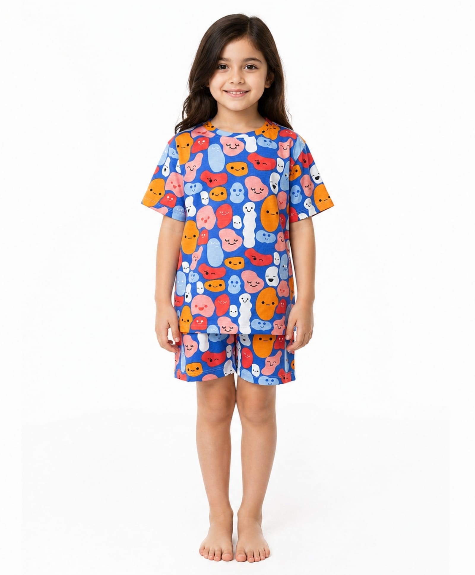 Anthrilo 100% Pure Cotton Knit Half Sleeves Blobs Printed Coordinating Tee & Shorts Night Suit - Blue-picture-5