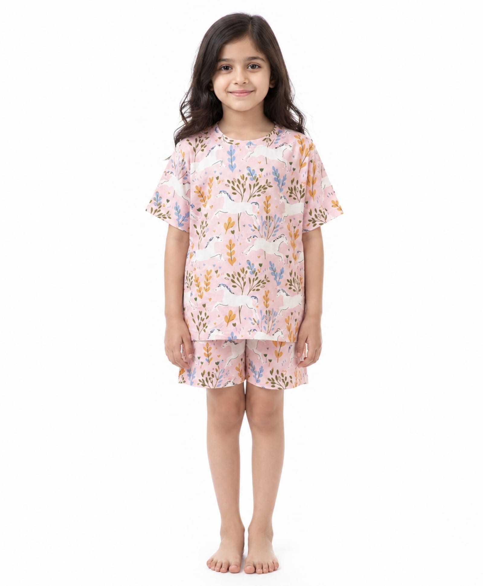Anthrilo 100% Pure Cotton Knit Half Sleeves Horse & Leaves Printed Coordinating Tee & Shorts Night Suit - Pink-picture-39