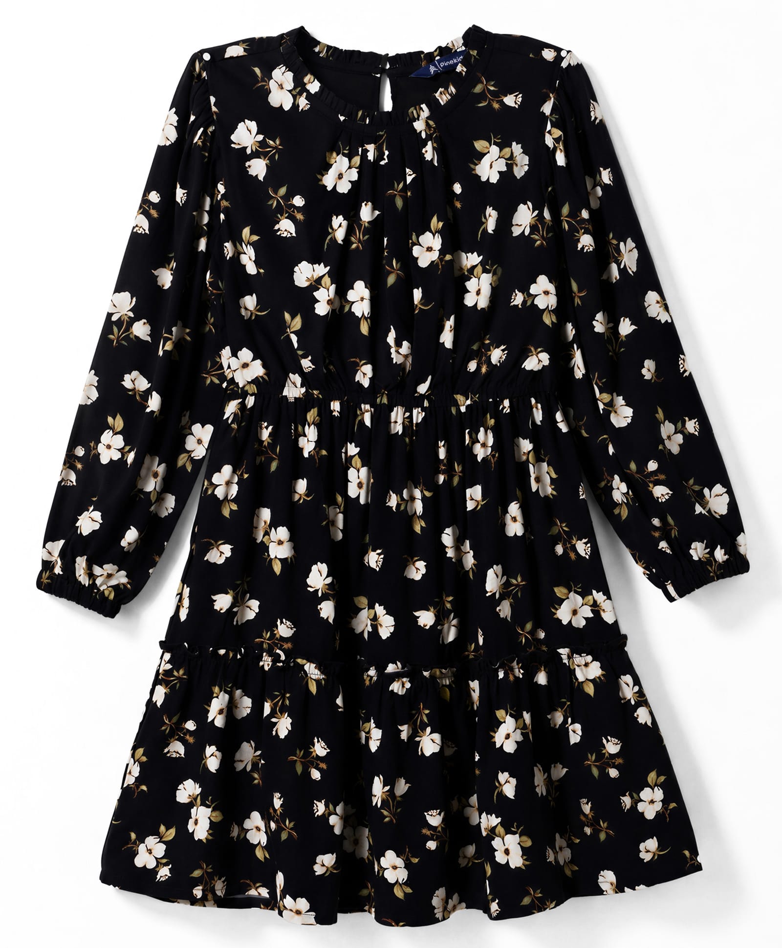 Pine Kids Woven Full Sleeves Floral Printed Tiered Frock - Black-image-1