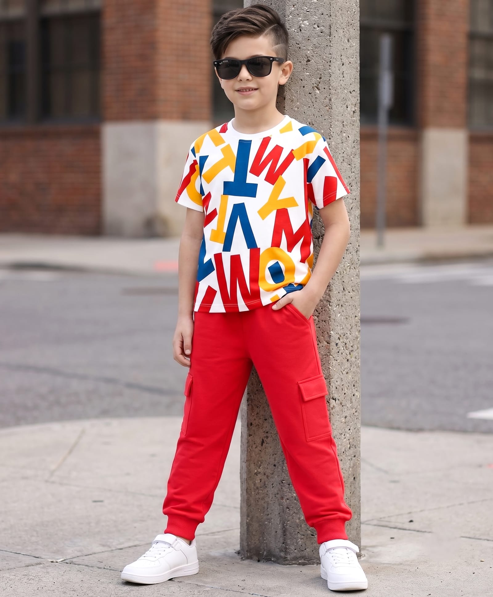 OLLINGTON ST. Cotton Knit Alphabets Printed Half Sleeves T-Shirt & Joggers Set - Multicolour & Red-image-13