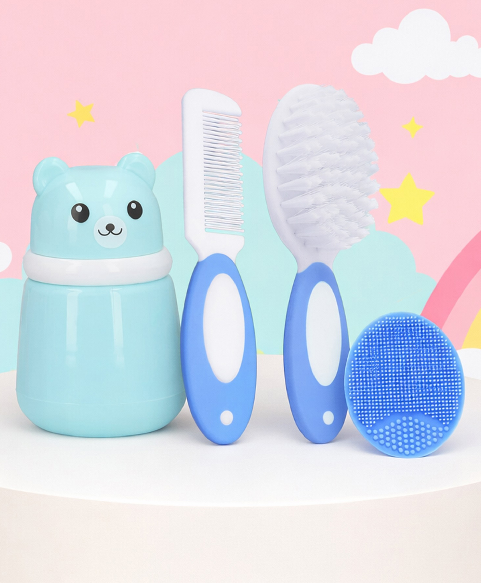 The Cheeky Kidzz Baby Skin Care Powder Puff Panda Design Container Box With Hair Care Comb and Brush Scrapper Se (Light Blue)-image-45
