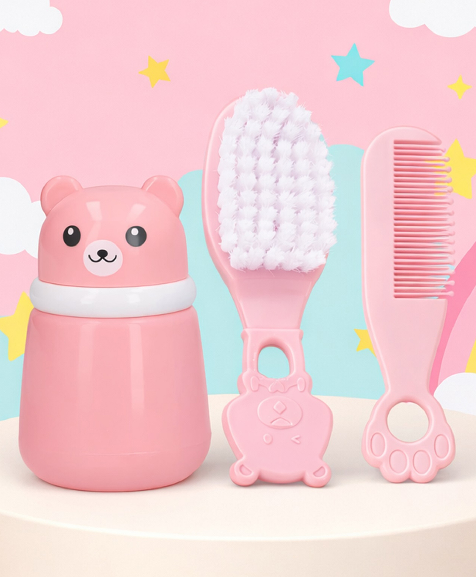 The Cheeky Kidzz Baby Hair Care Comb and Brush With Powder Puff Bear Shape Container Box BPA Free (Pink)-image-6