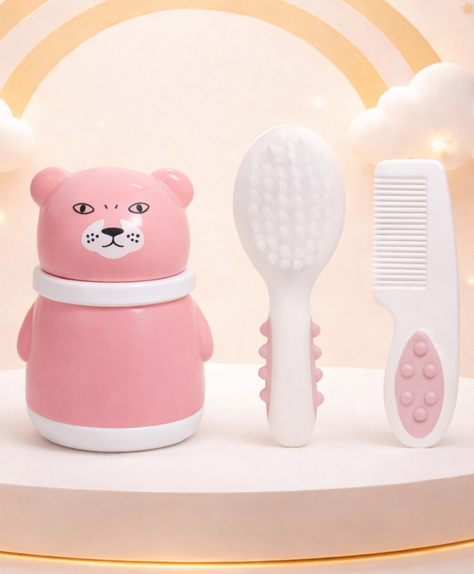 The Cheeky Kidzz Baby Powder Puff Container Box With Dotted Print Hair Care Comb and Brush Set for Babies (Pink)-picture-15