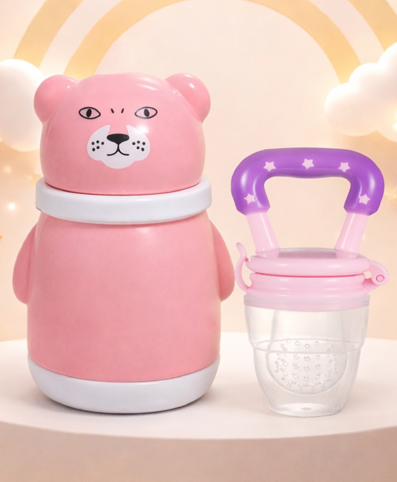 The Cheeky Kidzz Baby Powder Puff Animal Print Container With Star Print Fruit Feeder Nibbler Sooother Teether BPA Free (PINK)-image-43