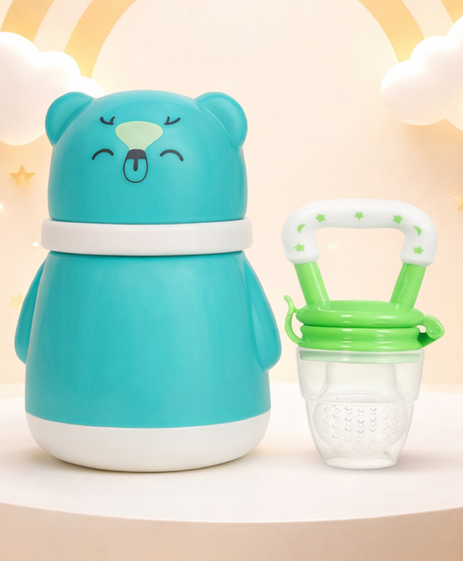 The Cheeky Kidzz Baby Powder Puff Bear Print Container With Star Print Fruit Feeder Nibbler Sooother Teether BPA Free (GREEN)-image-16