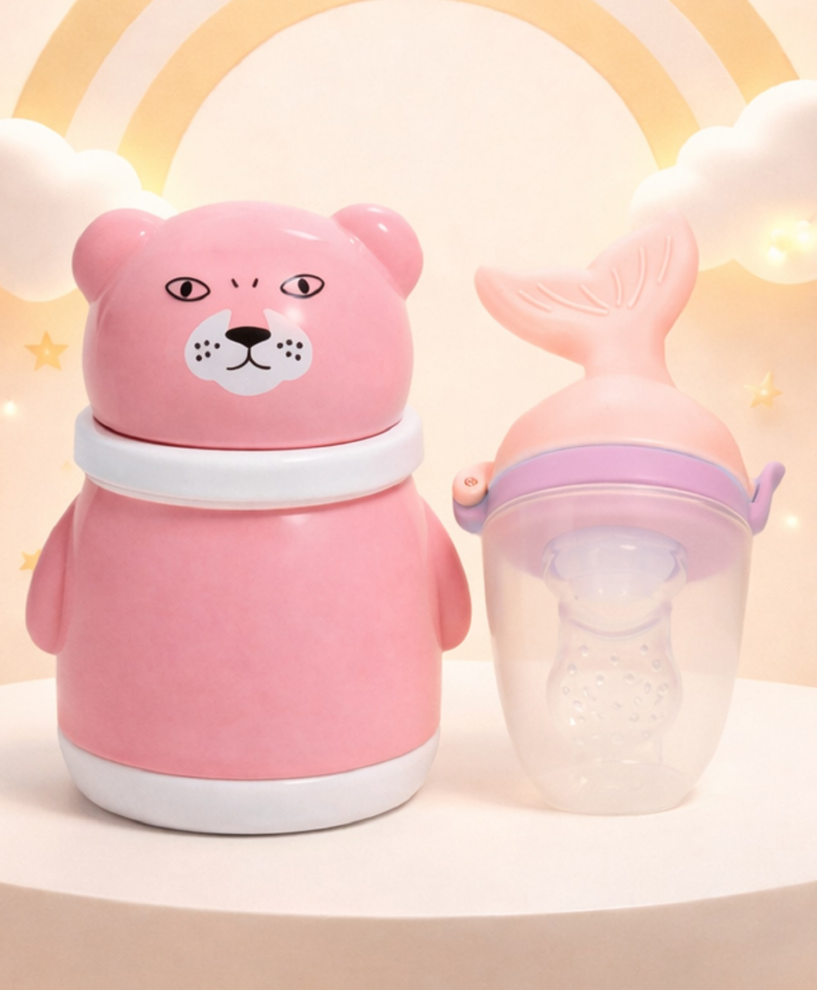 The Cheeky Kidzz Baby Powder Puff Animal Print Container With Fish Shape Print Fruit Feeder Nibbler Sooother Teether BPA Free (PINK)-image-38