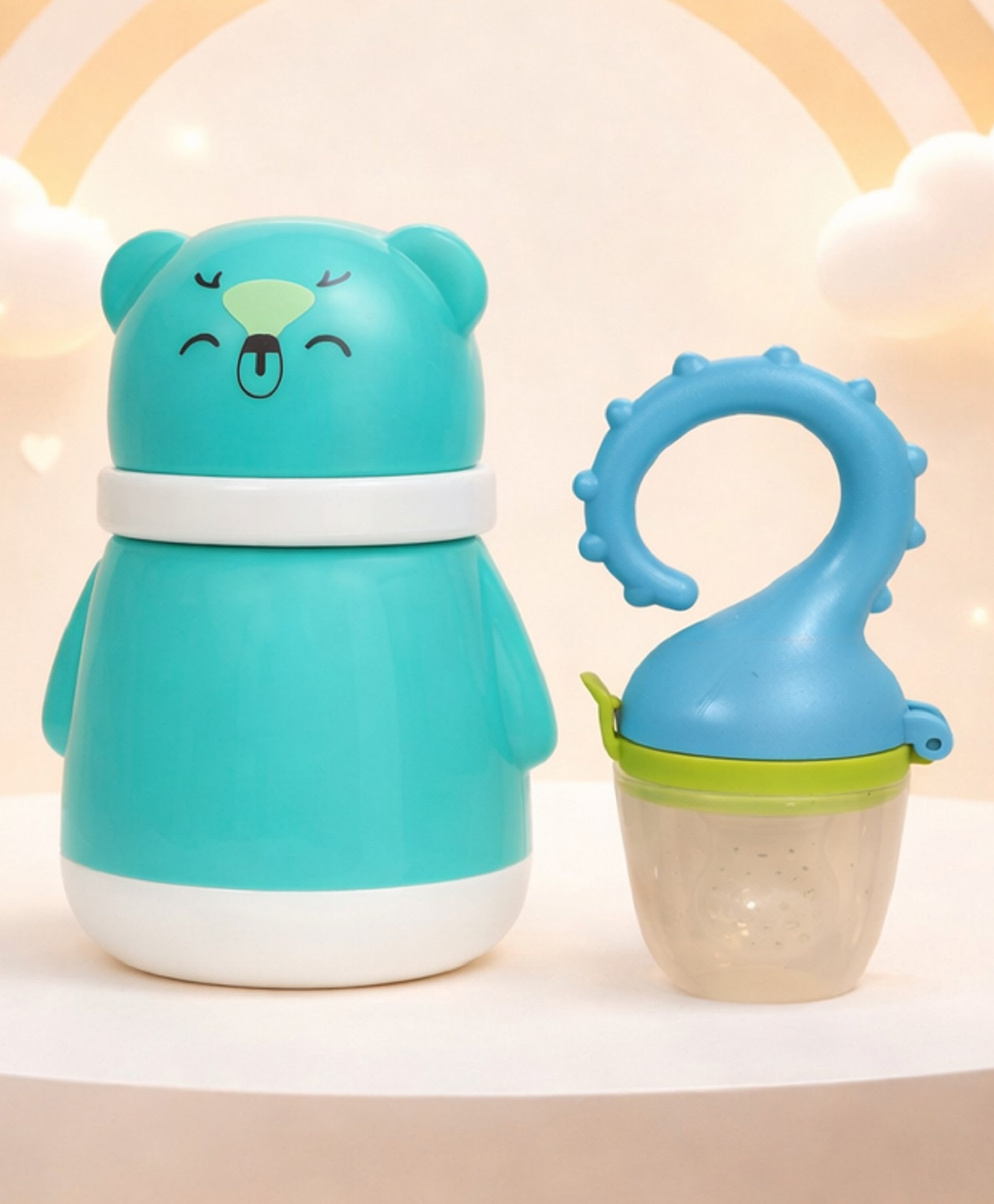 The Cheeky Kidzz Baby Powder Puff Bear Print Container BPA Free with Fruit Feeder Nibbler Teether BPA Free (SEA GREEN)-image-31