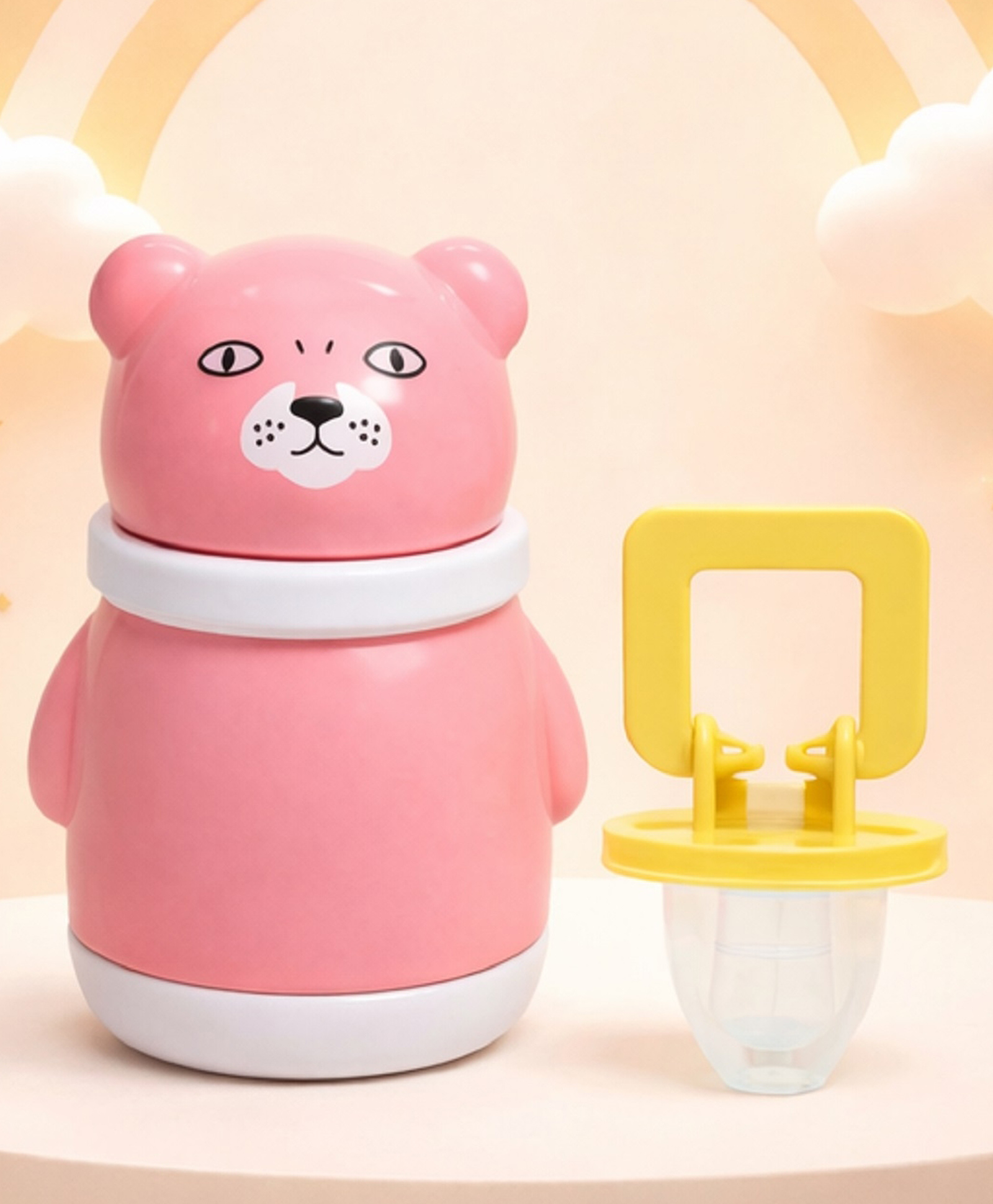The Cheeky Kidzz Baby Powder Puff Bear Print Container With Soft Grip Infant Pacifier Teether BPA Free (PINK)-picture-23
