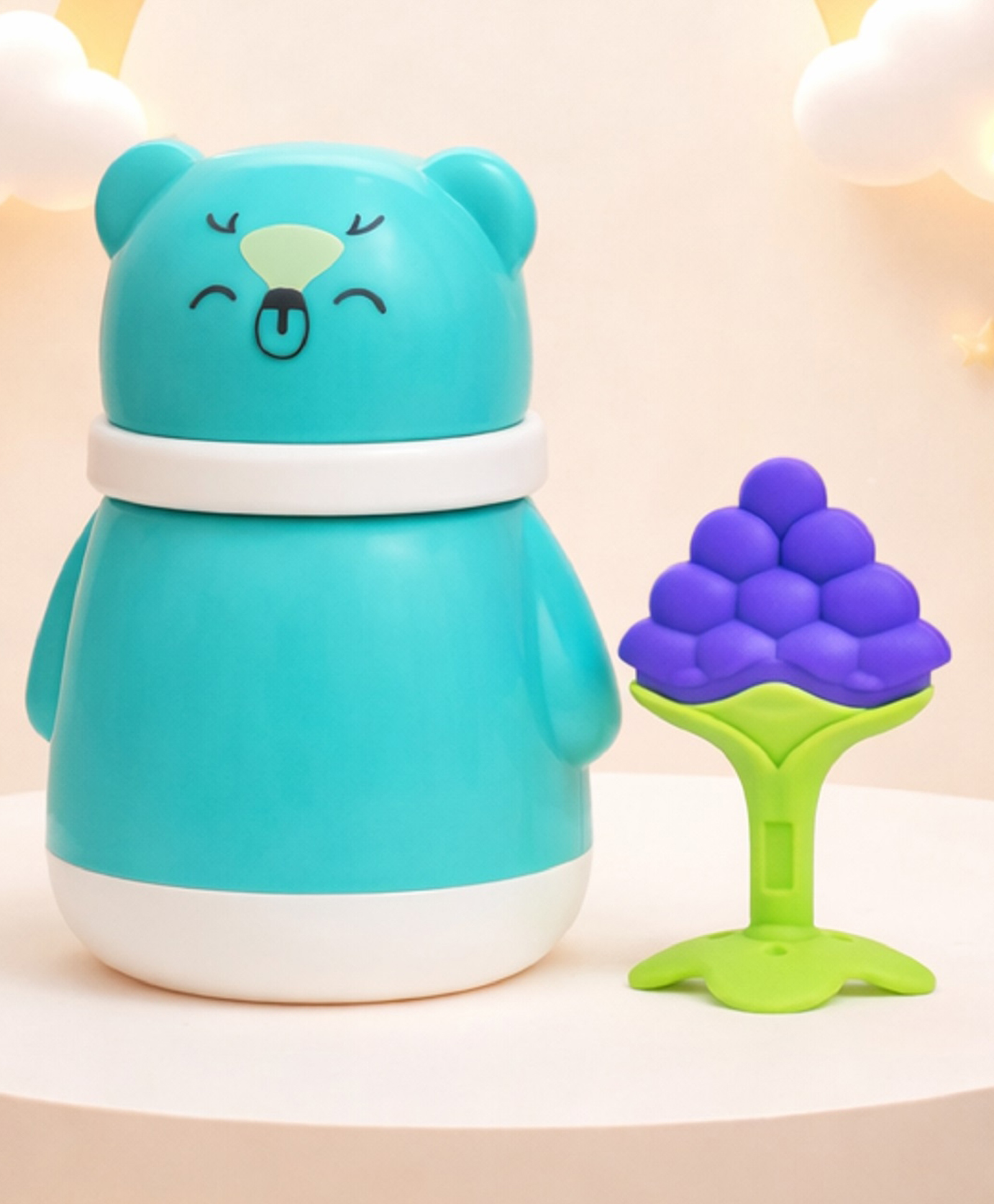 The Cheeky Kidzz Baby Powder Puff Container Cute Bear Design Storage with Soft Silicone Fruit Teether BPA Free (SEA GREEN)-image-21