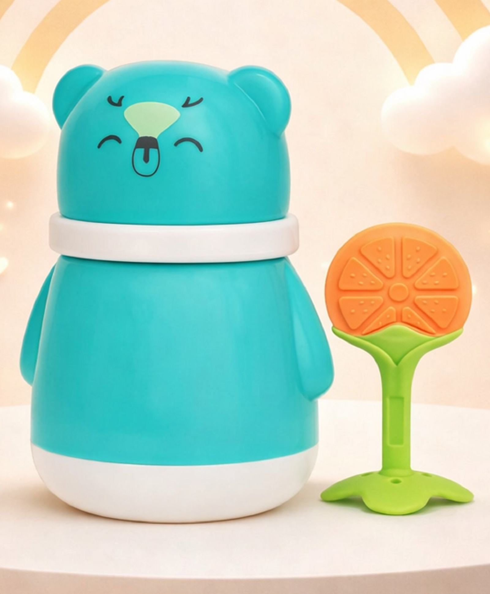 The Cheeky Kidzz Baby Powder Puff Container Cute Bear Design Storage with Soft Silicone Fruit Teether BPA Free (ORANGE)-image-35