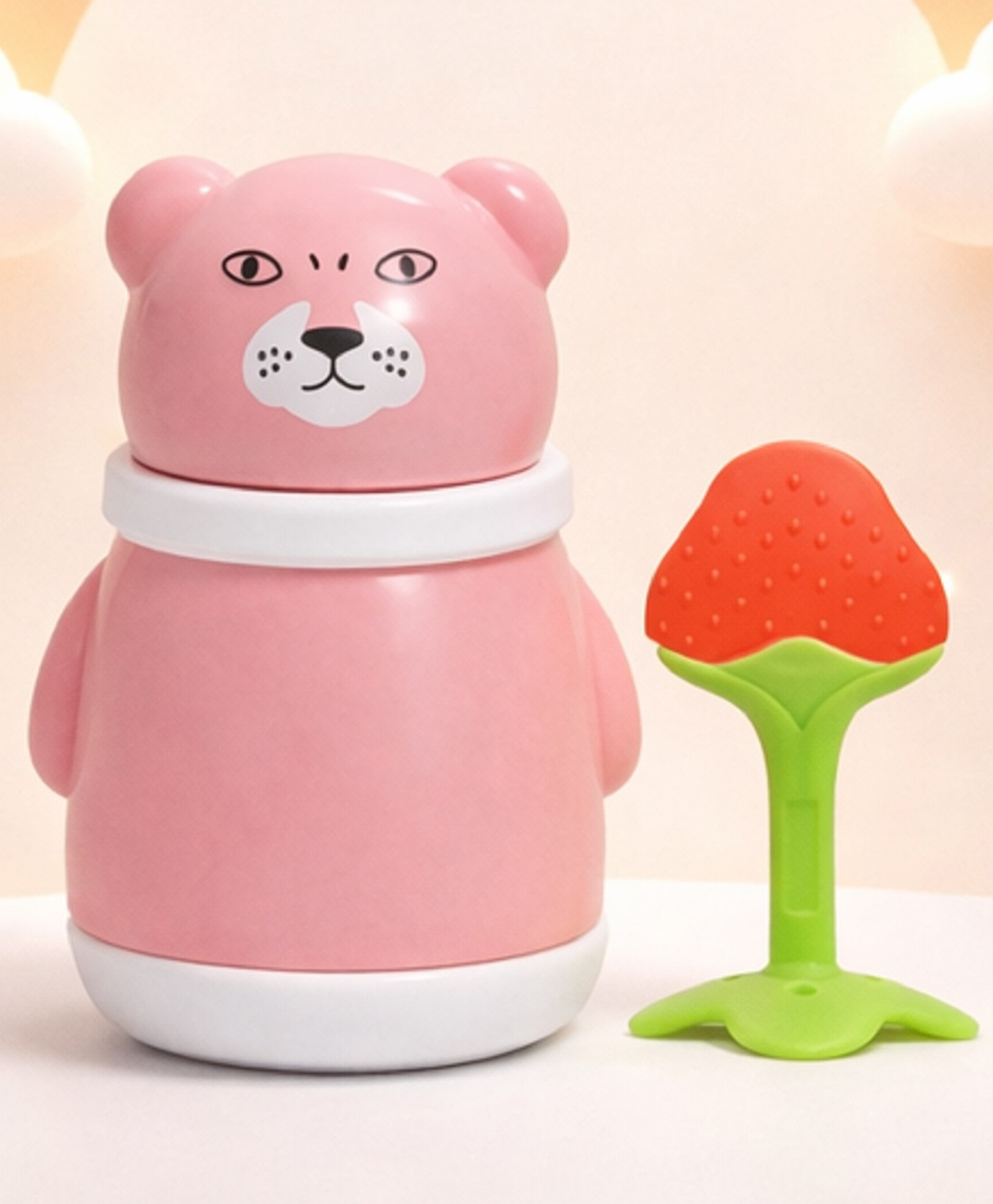 The Cheeky Kidzz Baby Powder Puff Container Cute Bear Design Storage with Soft Silicone Fruit Teether BPA Free (PINK)-picture-15