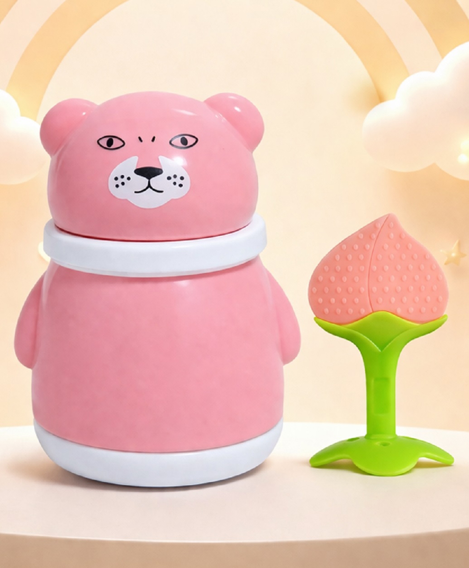 The Cheeky Kidzz Baby Powder Puff Container Cute Animal Design Storage with Soft Silicone Fruit Teether BPA Free (PINK)-picture-12