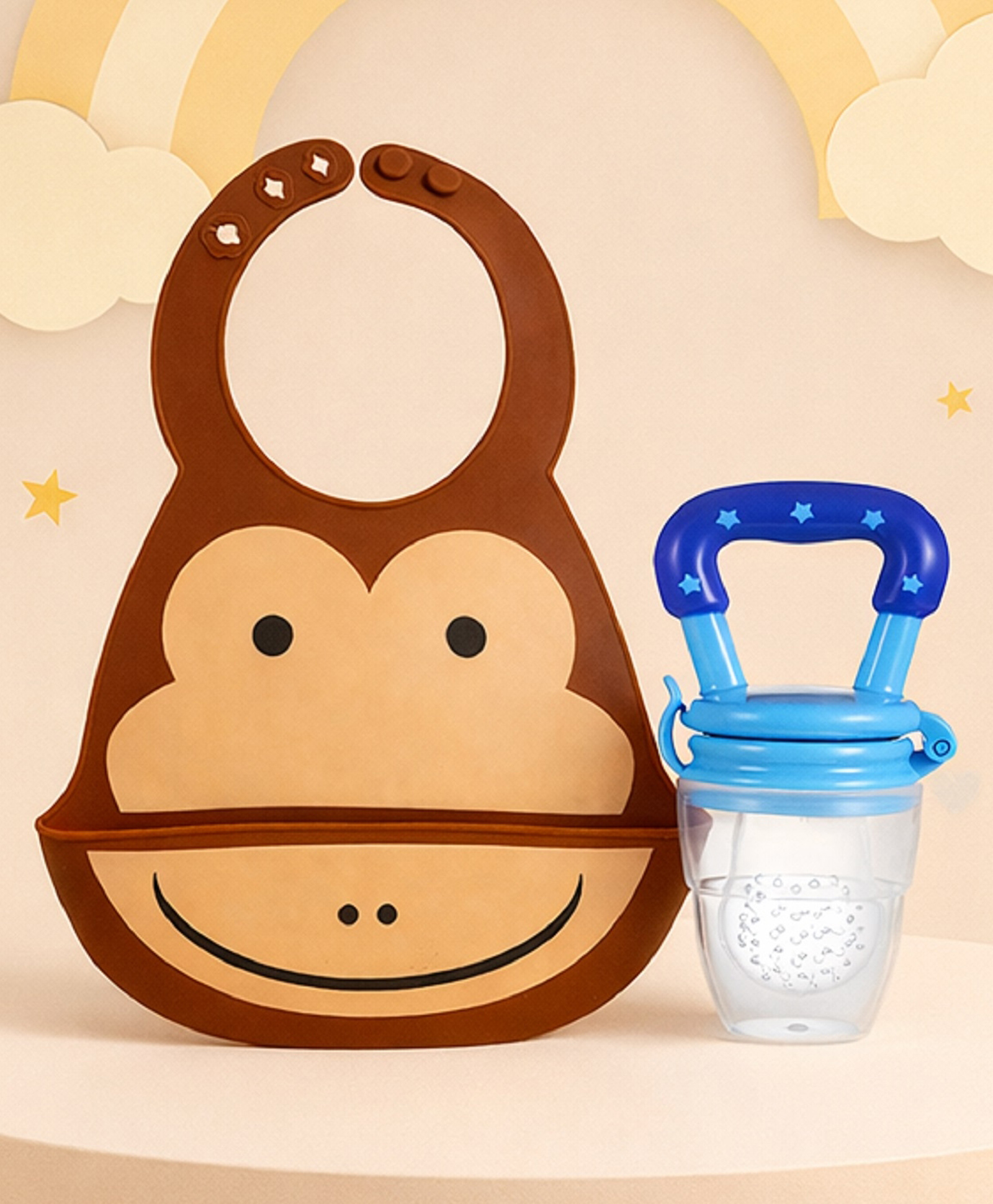 The Cheeky Kidzz Baby Soft Silicone Feeding Bib Adjustable Waterproof Easy Clean Monkey Face Apron With Soother Fruit Feeder Nibbler Teether BPA Free-image-4