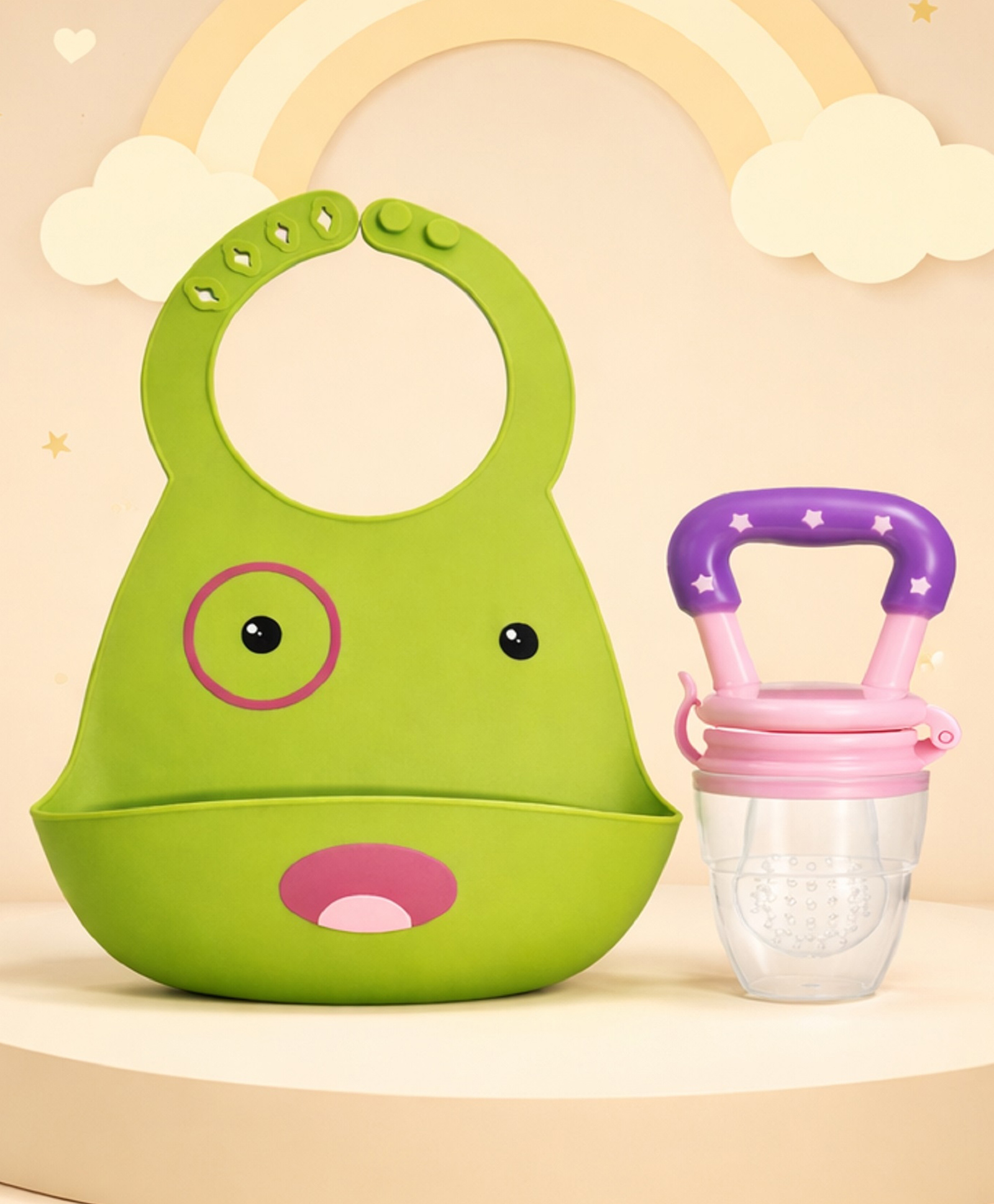The Cheeky Kidzz Baby Soft Silicone Feeding Bib Adjustable Waterproof Easy Clean Cute Face Apron With Fruit Soother Feeder Nibbler Teether BPA Free-image-49