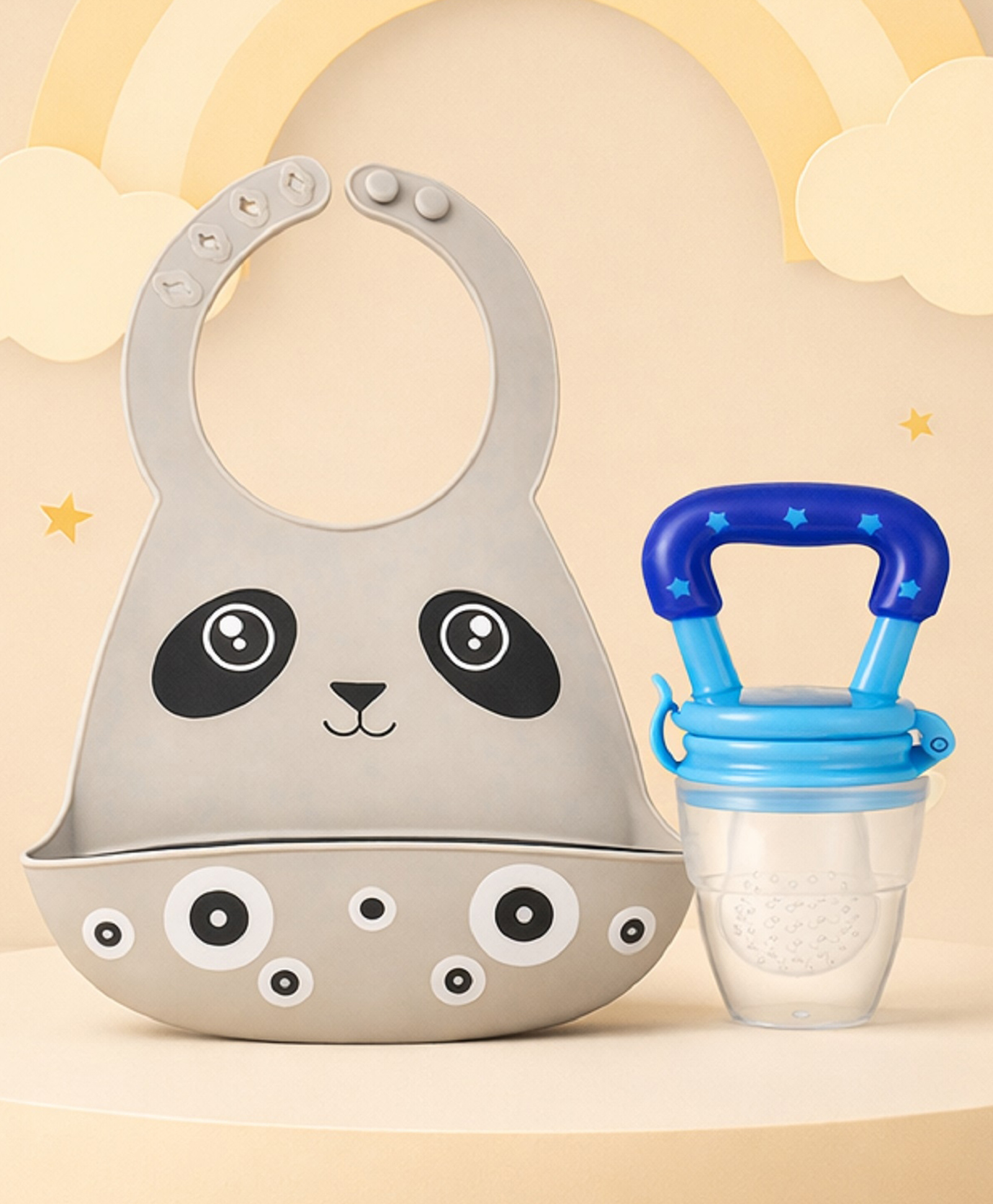 The Cheeky Kidzz Baby Soft Silicone Feeding Bib Adjustable Waterproof Easy Clean Cute Face Apron With Fruit Feeder Nibbler Teether BPA Free (GREY)-image-8