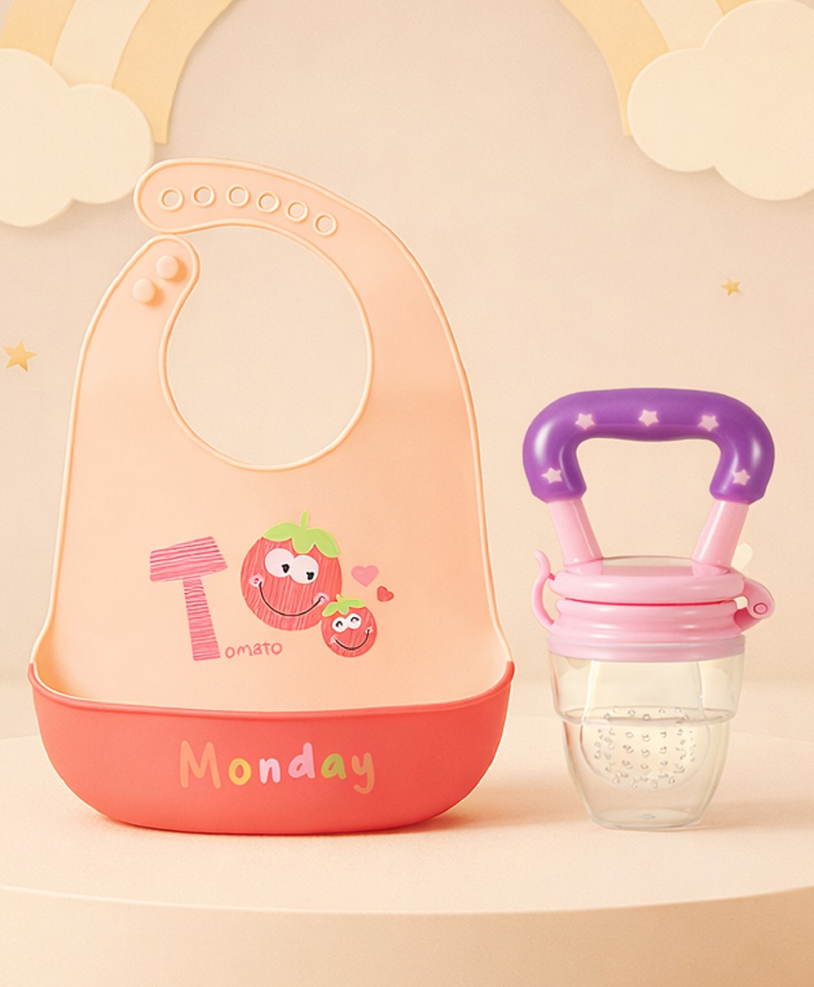The Cheeky Kidzz Baby Soft Silicone Printed Feeding Bib Adjustable Waterproof With Fruit Feeder Nibbler Teether BPA Free (RED)-image-30