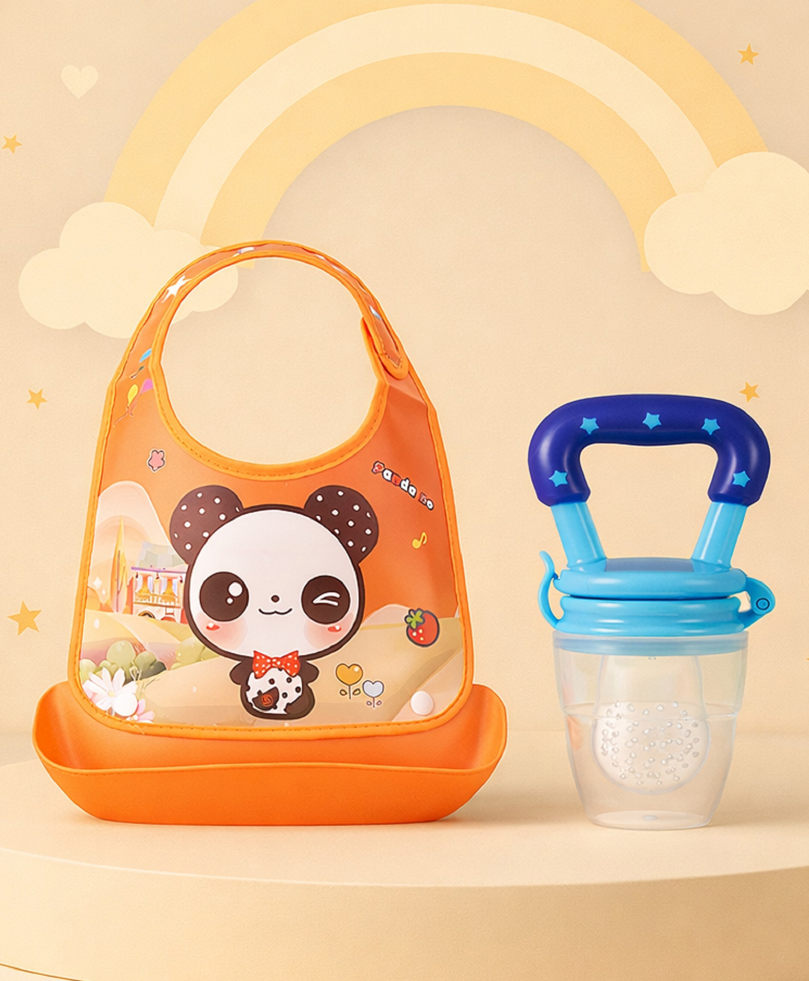 The Cheeky Kidzz Baby Soft Silicone Feeding Food Catcher Bib Velcro Closure With Fruit Feeder Nibbler Teether BPA Free (ORANGE)-image-47