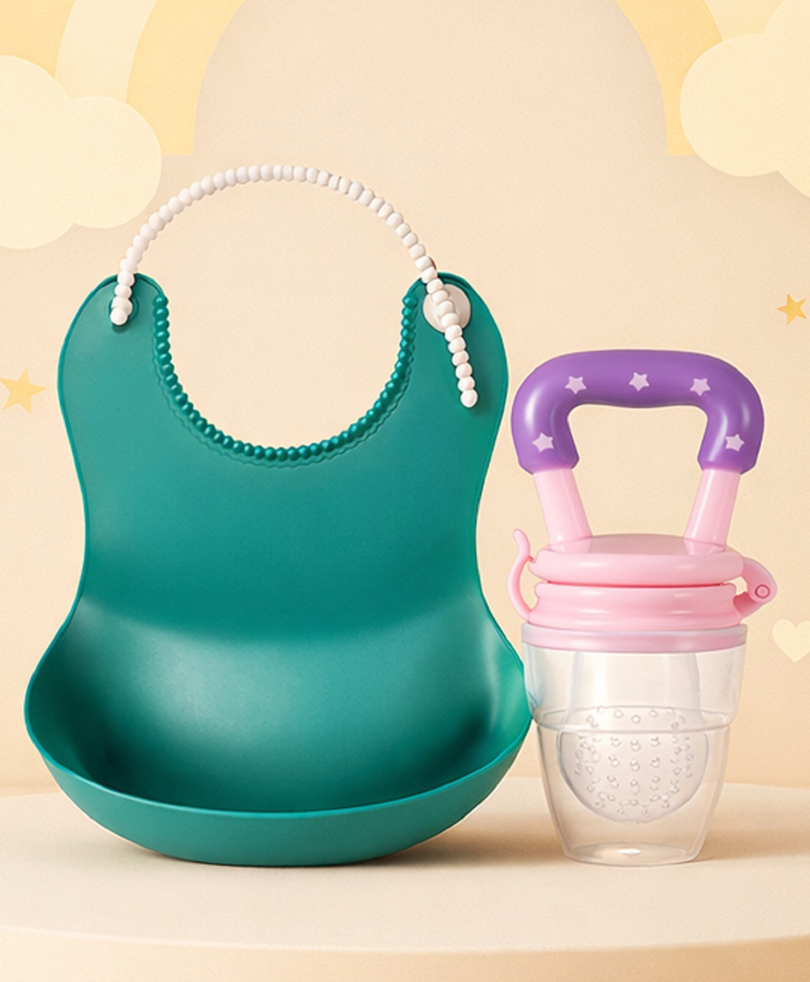 The Cheeky Kidzz Baby Soft Silicone Feeding Plain Colour Bib Apron Beads Adjustable Closure With Fruit Feeder Soother Nibbler Teether BPA Free(GREEN)-image-34
