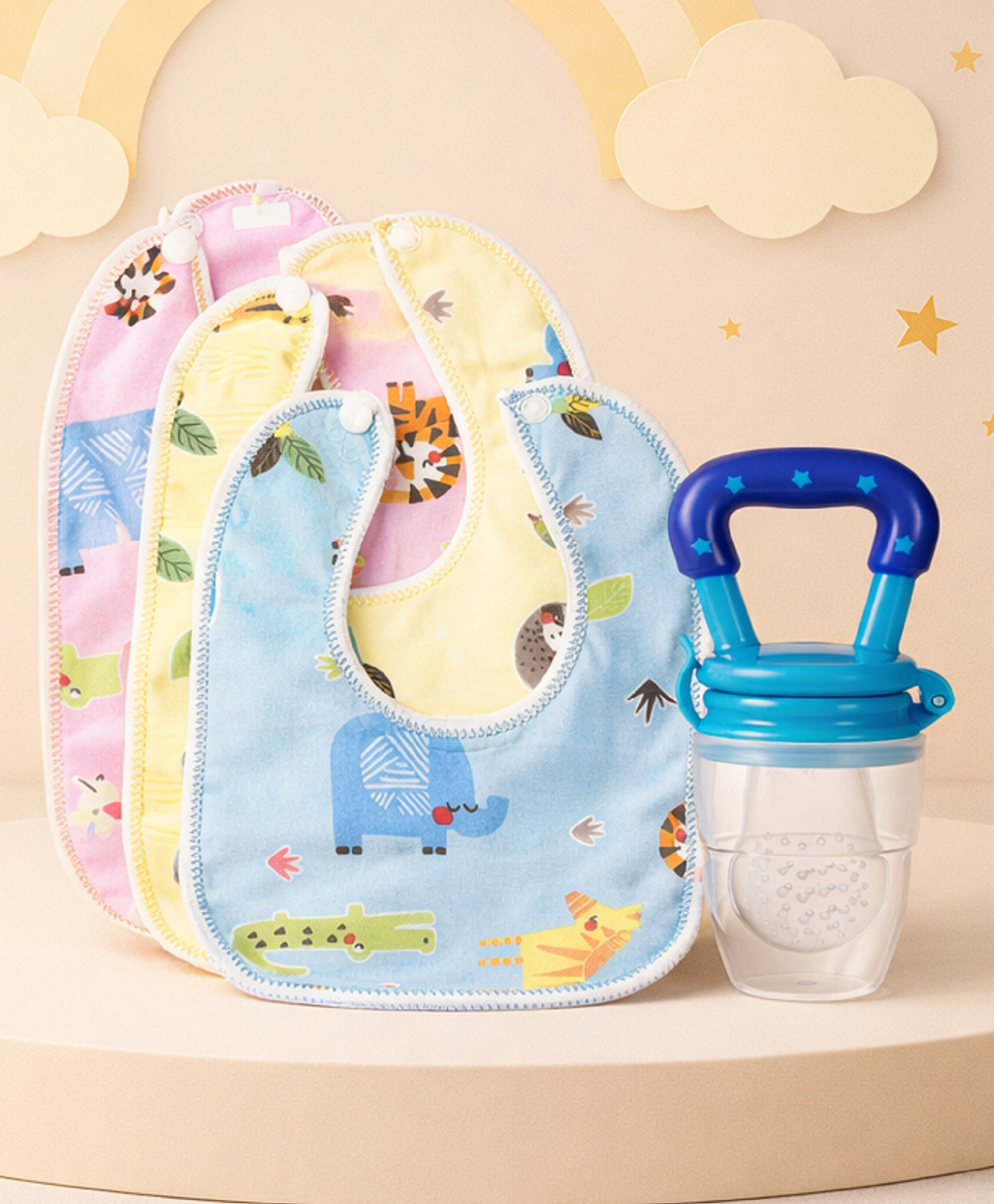 The Cheeky Kidzz Baby 3 Reusable Adjustable Snap Closure Cotton Button Bibs With 1 Fruit Feeder Soother Nibbler Teether BPA Free for 6 Months+ (Blue)-image-28