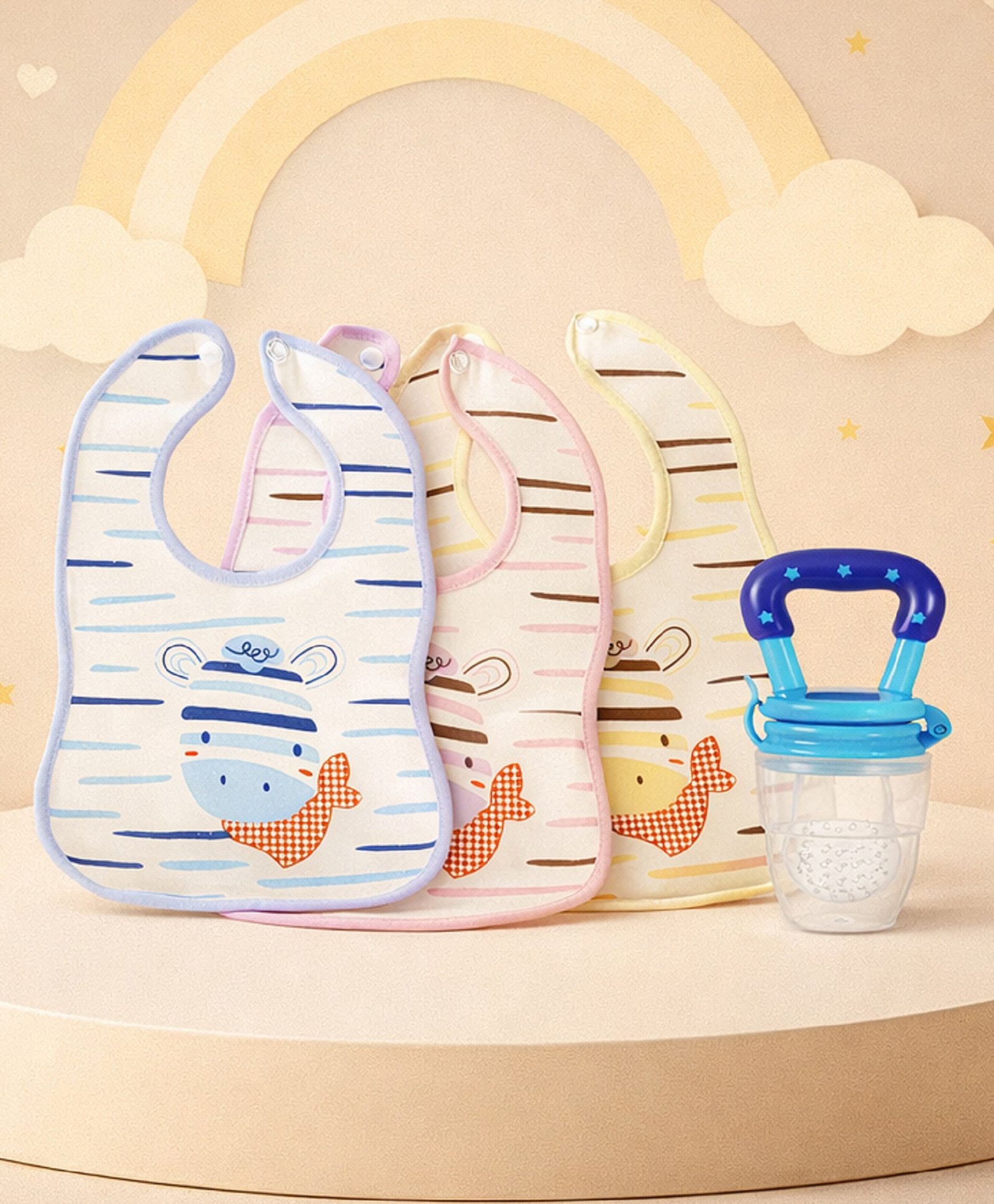 The Cheeky Kidzz 3 Baby Reusable Adjustable Snap Button Closure Cotton Cute Giraffe Print Bibs With 1 Fruit Feeder Soother Nibbler Teether BPA Free (0 To 24 Months)-image-17