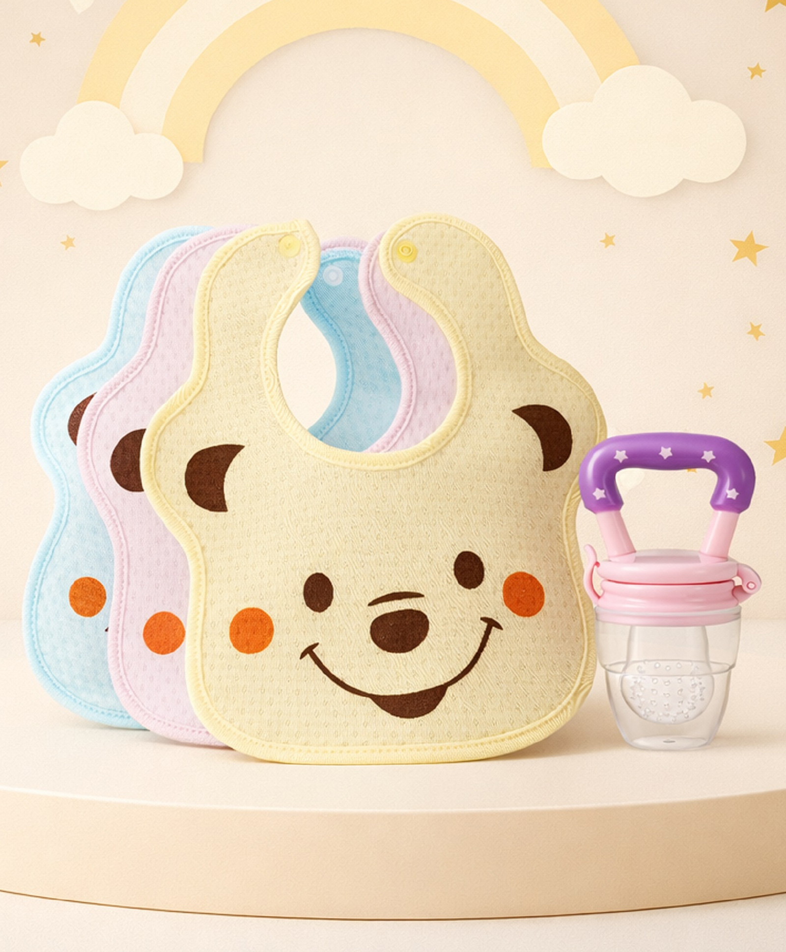 The Cheeky Kidzz Baby 3 Reusable Adjustable Snap Button Closure Cotton Cute Animal Face Print Bibs With 1 Fruit Feeder Soother Nibbler Teether BPA Free (0 To 24 Months)-image-18