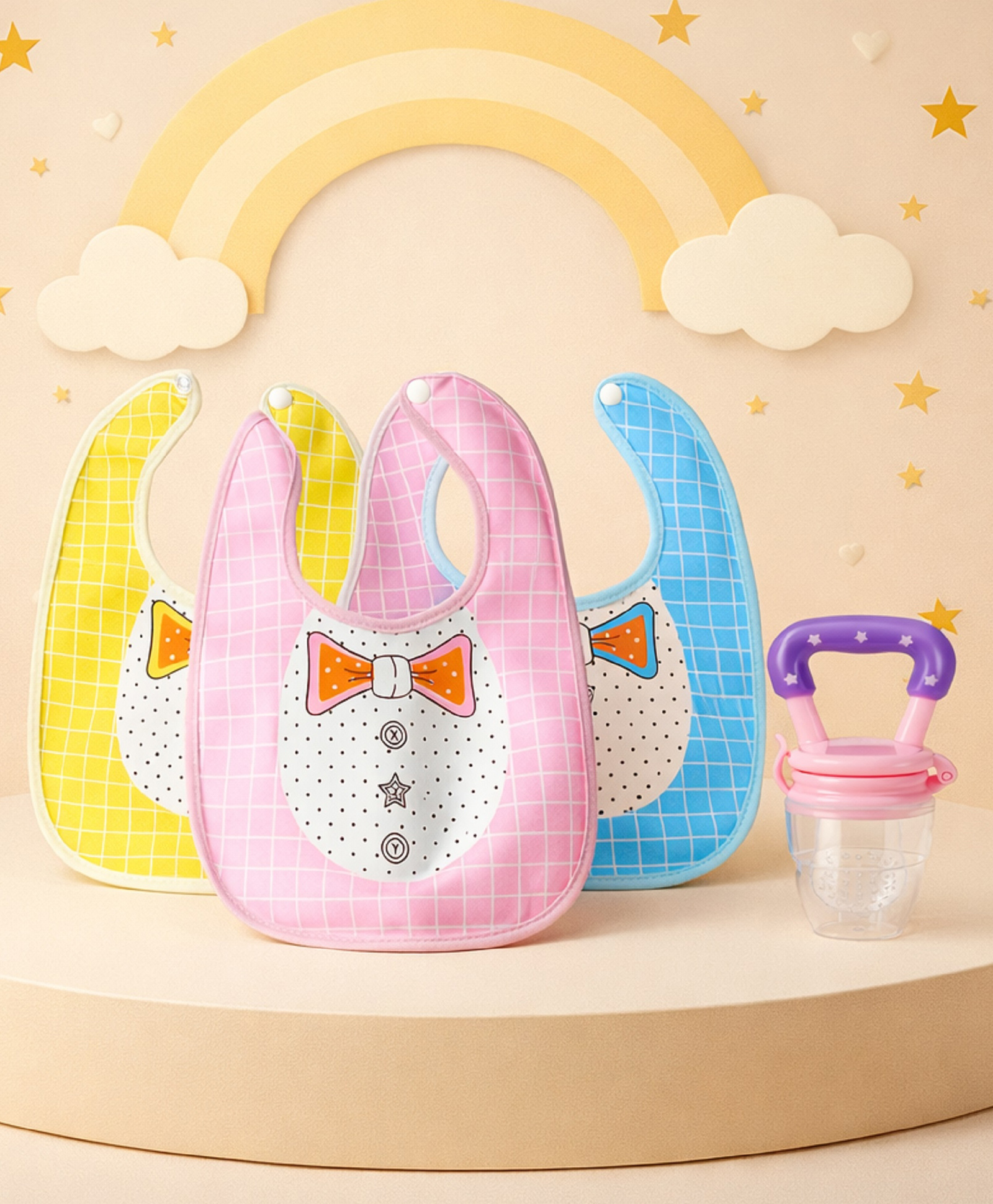 The Cheeky Kidzz 3 Baby Reusable Adjustable Snap Button Closure Cotton Cute Bow Shirt Print Bibs With 1 Fruit Feeder Soother Nibbler Teether BPA Free (0 To 24 Months)-image-29
