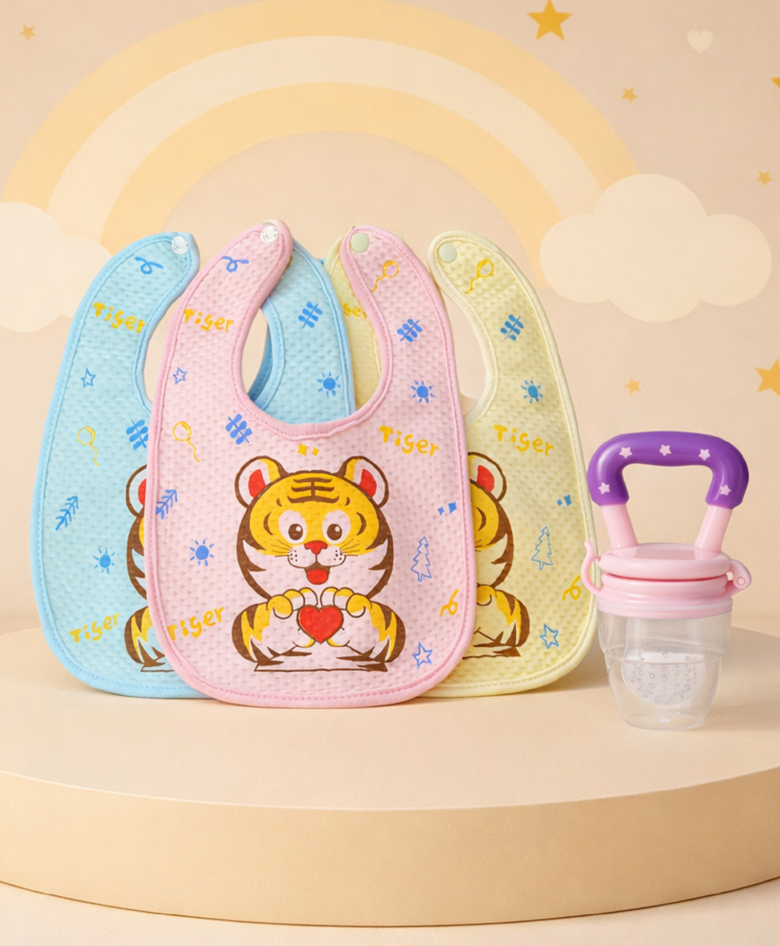 The Cheeky Kidzz 3 Baby Reusable Adjustable Snap Button Tiger Print Bibs With 1 Fruit Feeder/Nibbler Teether BPA Free for 6 Months+ (Pink)-image-26