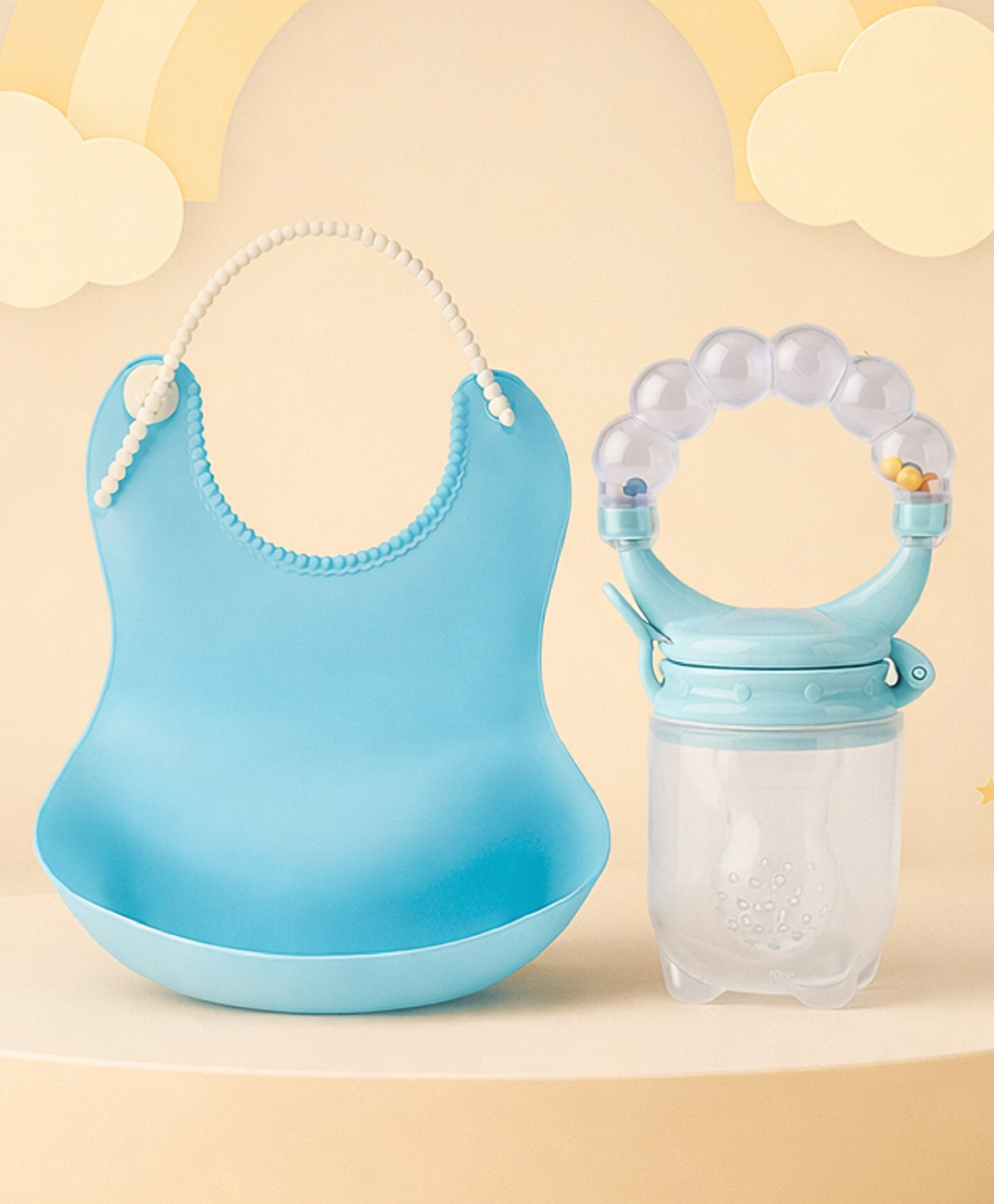 The Cheeky Kidzz Baby Soft Silicone Feeding Waterproof Easy Clean Solid Colour Bib With Fruit Feeder Rattle Nibbler Teether BPA Free (Blue)-image-39