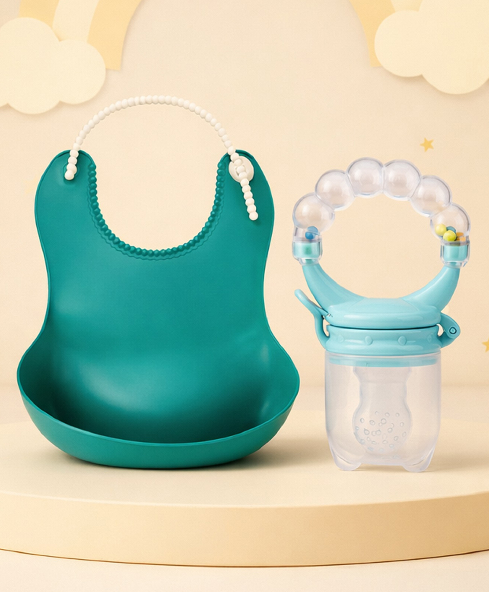 The Cheeky Kidzz Baby Soft Silicone Feeding Waterproof Easy Clean Solid Colour Bib With Fruit Feeder Rattle Nibbler Teether BPA Free(Green)-image-27
