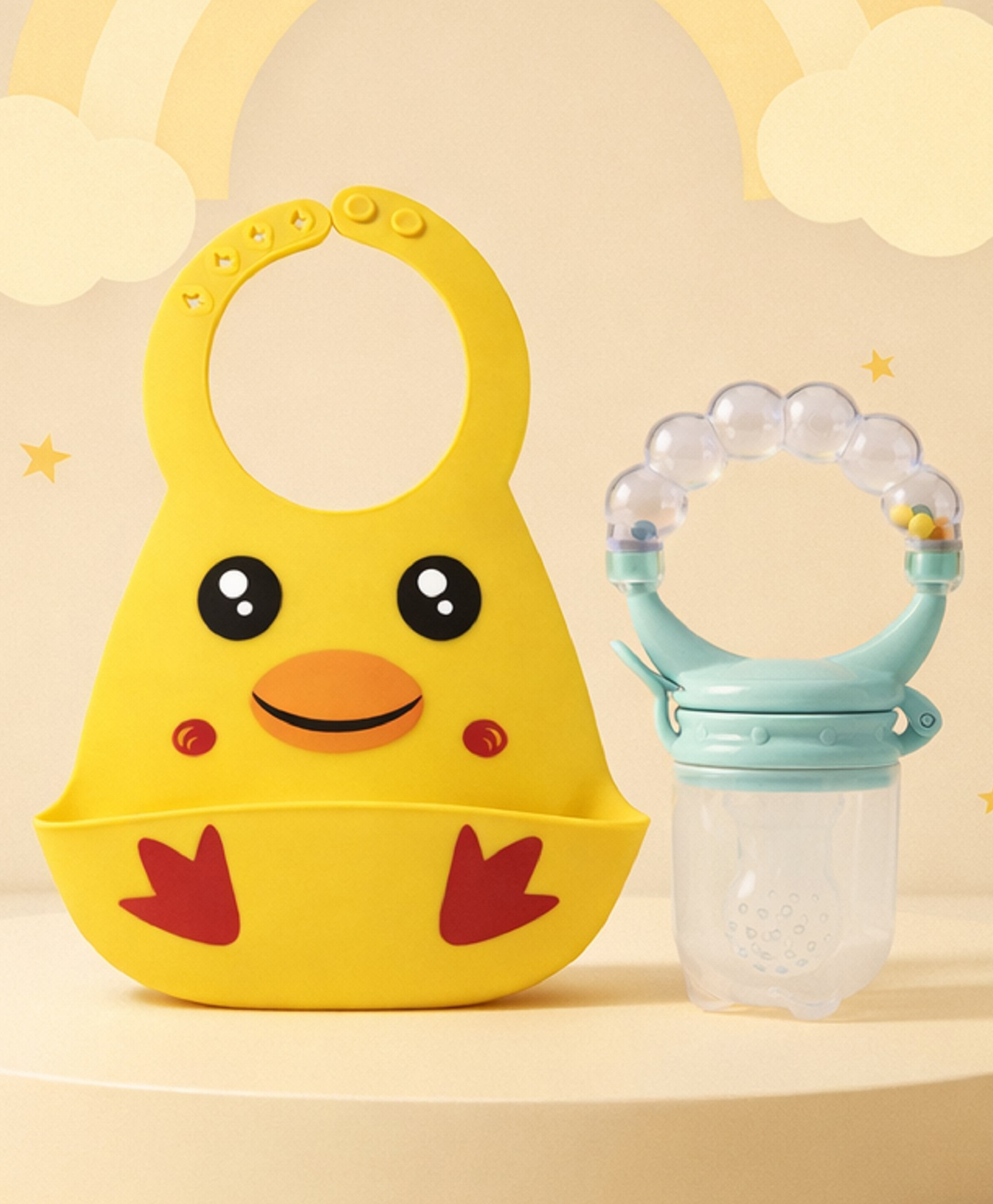 The Cheeky Kidzz Baby Adjustable Waterproof Soft Silicone Feeding Duck Print Food Catcher Bib With Fruit Feeder Rattle Nibbler Teether BPA Free (Yellow)-image-49