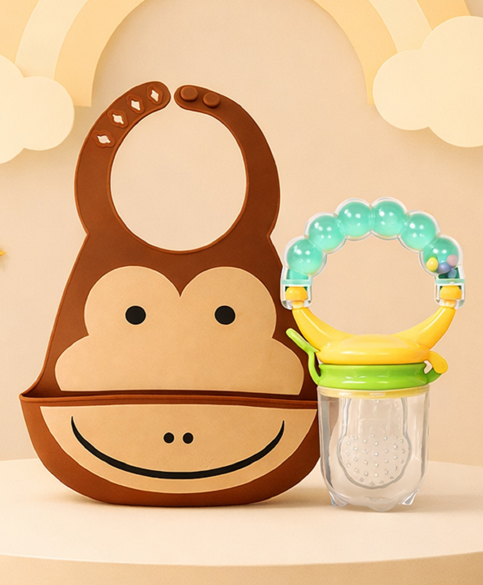 The Cheeky Kidzz Baby Adjustable Waterproof Soft Silicone Feeding Monkey Print Food Catcher Bib With Fruit Feeder Rattle Nibbler Teether BPA Free (BROWN)-image-5