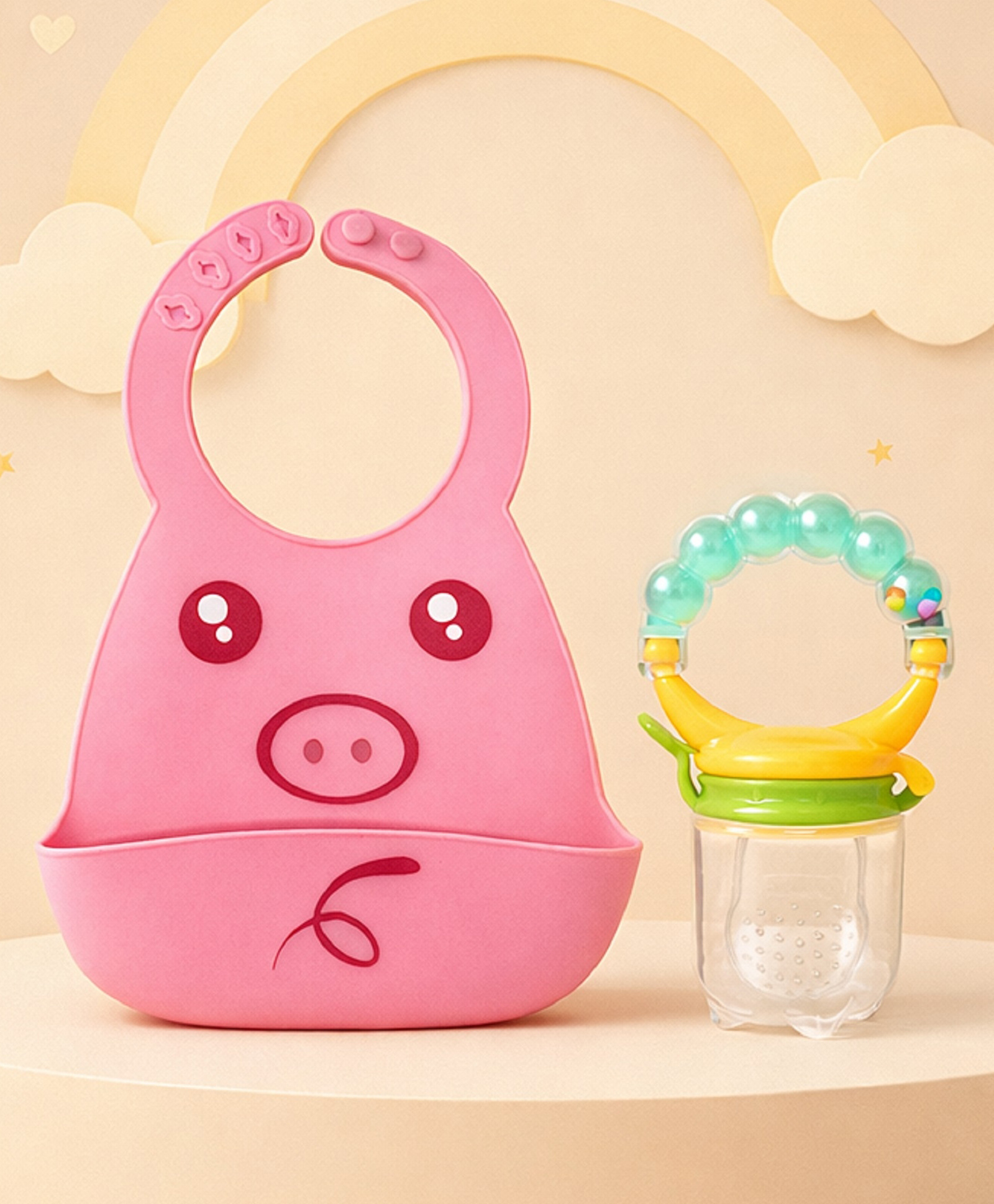 The Cheeky Kidzz Baby Adjustable Waterproof Soft Silicone Feeding Bear Print Food Catcher Bib With Fruit Feeder Rattle Nibbler Teether BPA Free (PINK)-image-36