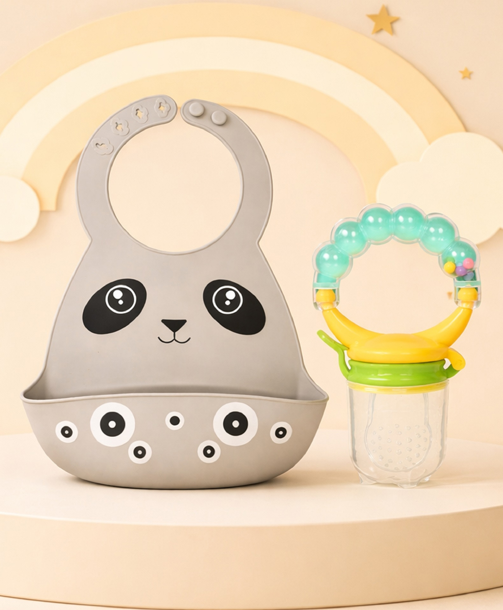 The Cheeky Kidzz Baby Adjustable Waterproof Soft Silicone Feeding Panda Print Food Catcher Bib With Fruit Feeder Rattle Nibbler Teether BPA Free (GREY)-image-8