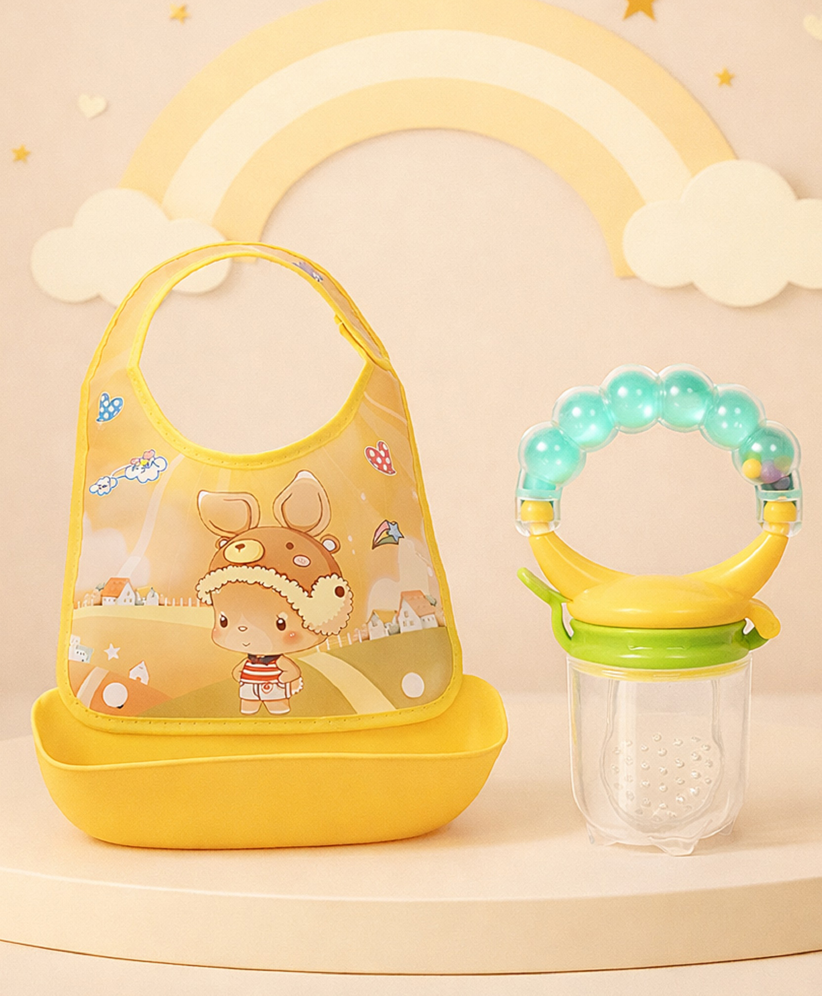 The Cheeky Kidzz Baby Waterproof Soft Silicone Adjustable Food Catcher Velcro Closure Bib With Fruit Feeder Rattle Nibbler Soother Teether BPA Free (ORANGE)-image-46