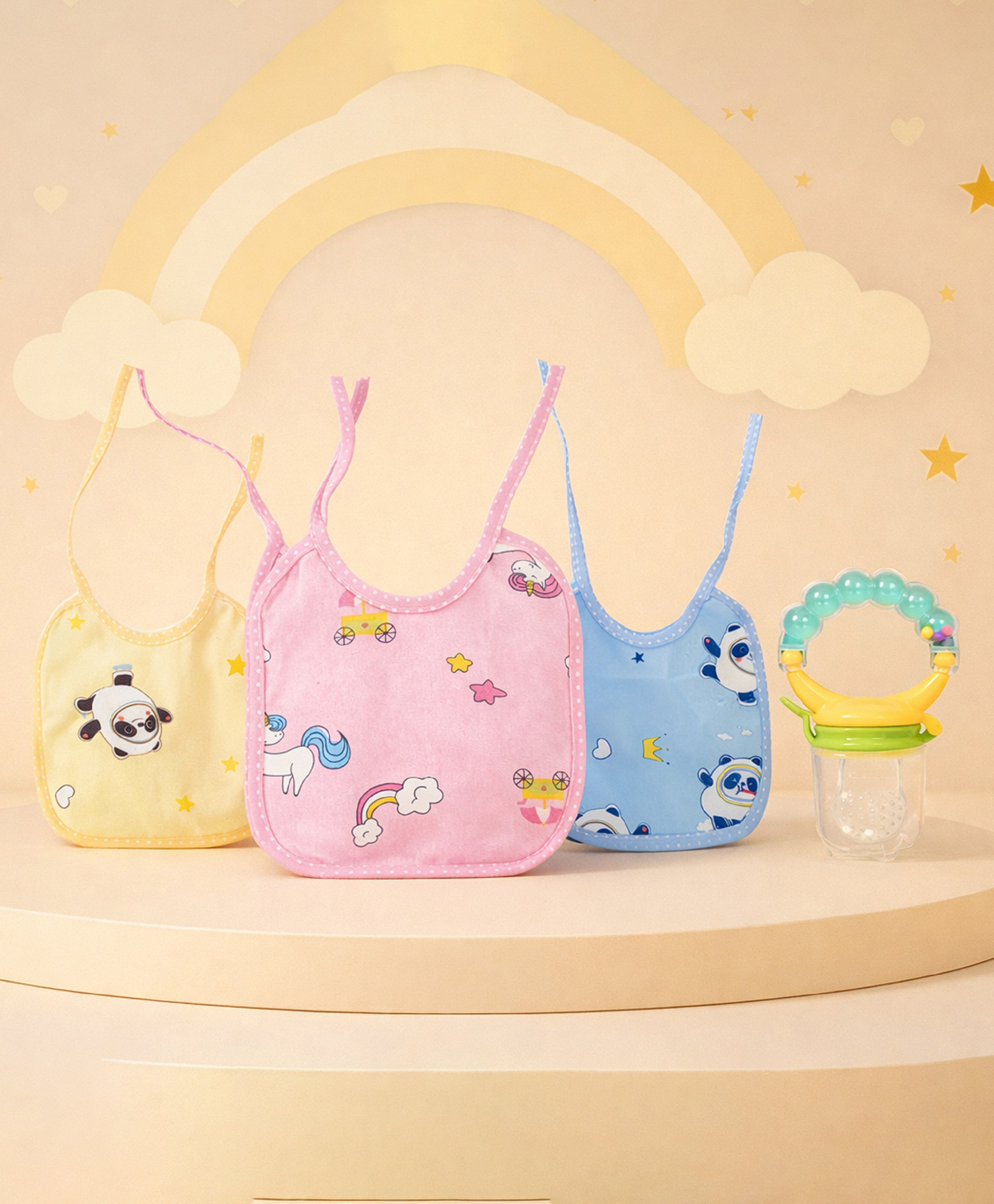 The Cheeky Kidzz Baby 3 Reusable Adjustable Cute Printed Knot Bibs Aprons With 1 Fruit Feeder Rattle Nibbler Teether BPA Free (0-12 Months)-image-25
