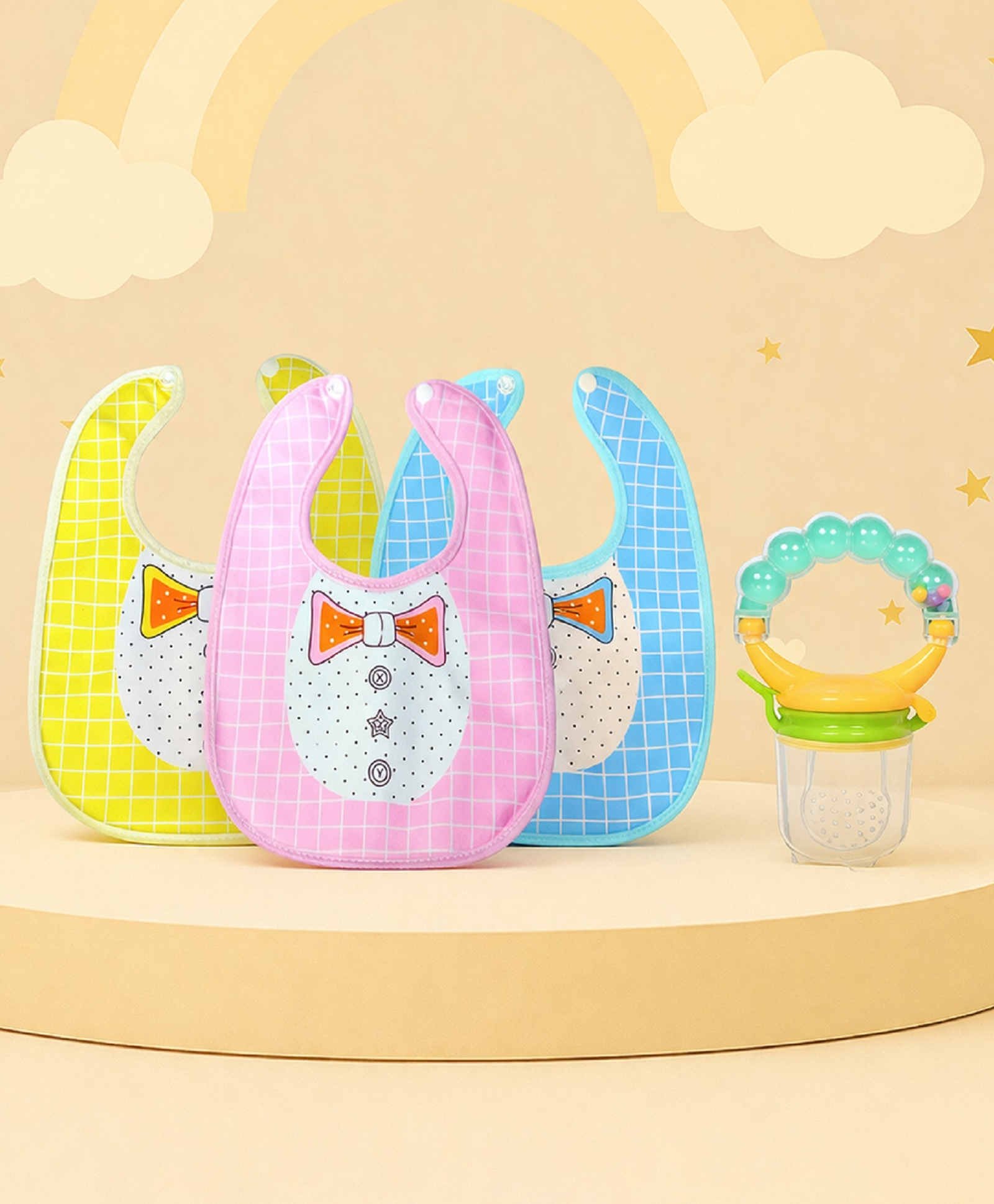 The Cheeky Kidzz Baby 3 Reusable Adjustable Cotton Muslin Bow Shirt Design Snap Button Bibs With 1 Fruit Feeder Rattle Nibbler Teether BPA Free-image-18