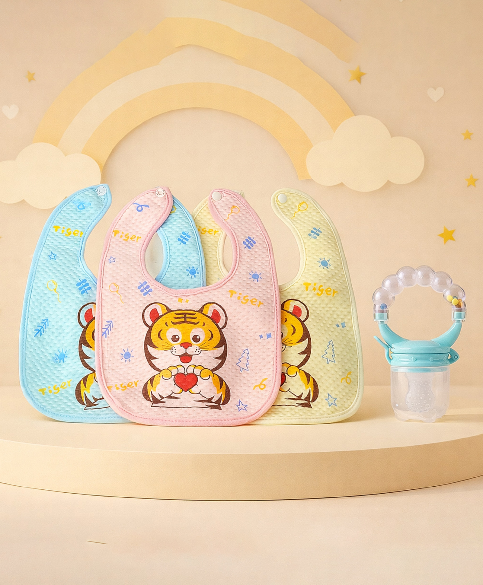 The Cheeky Kidzz Baby 3 Reusable Adjustable Cotton Muslin Tiger Print Snap Button Bibs With 1 Fruit Feeder Rattle Nibbler Teether BPA Free-image-19