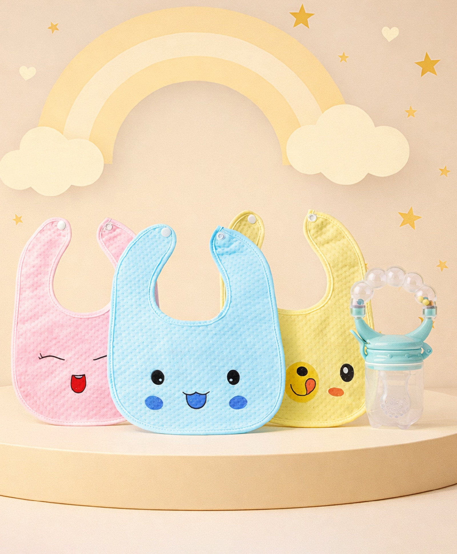 The Cheeky Kidzz Baby 3 Reusable Adjustable Cotton Muslin Quilted Smile Bear Snap Button Bibs With 1 Fruit Feeder Rattle Nibbler Teether BPA Free-image-8