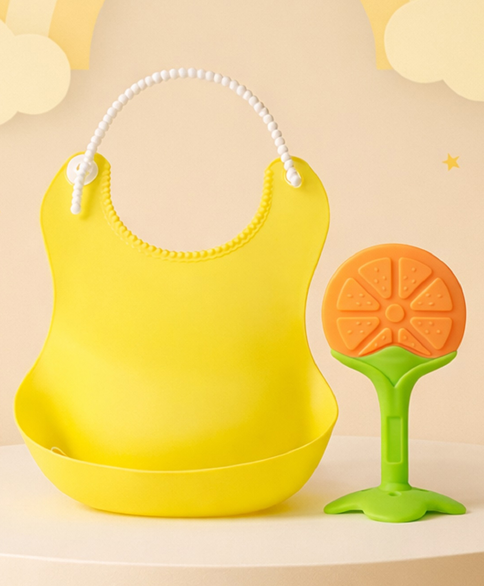 The Cheeky Kidzz Baby Silicone Bib Food Catcher Beads Closure With Soft Silicone Fruit Shape Molar Teething Teether BPA Free (Yellow)-image-47