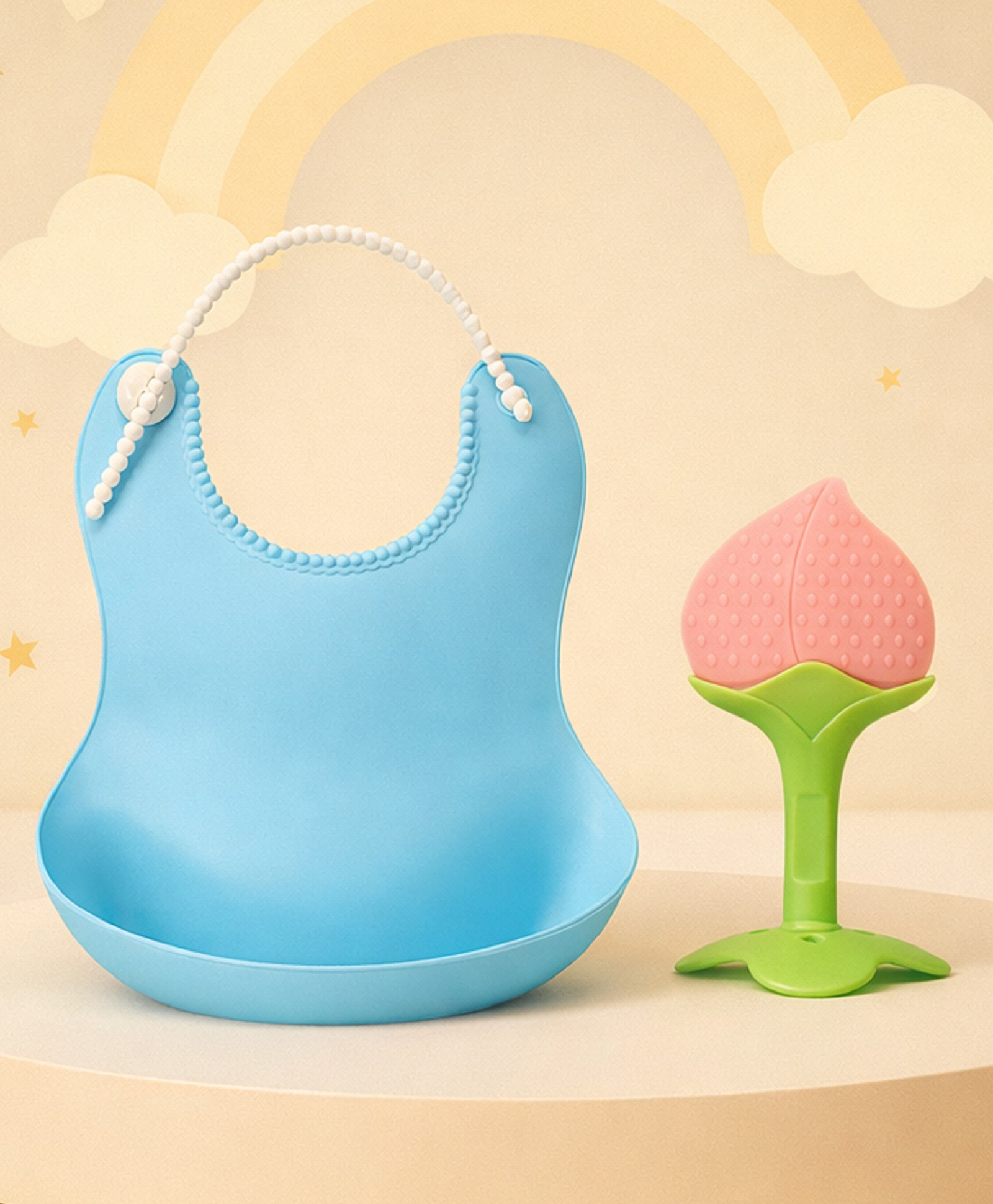 The Cheeky Kidzz Baby Silicone Bib Food Catcher Beads Closure With Soft Silicone Fruit Shape Molar Teething Teether BPA Free (Blue)-image-41