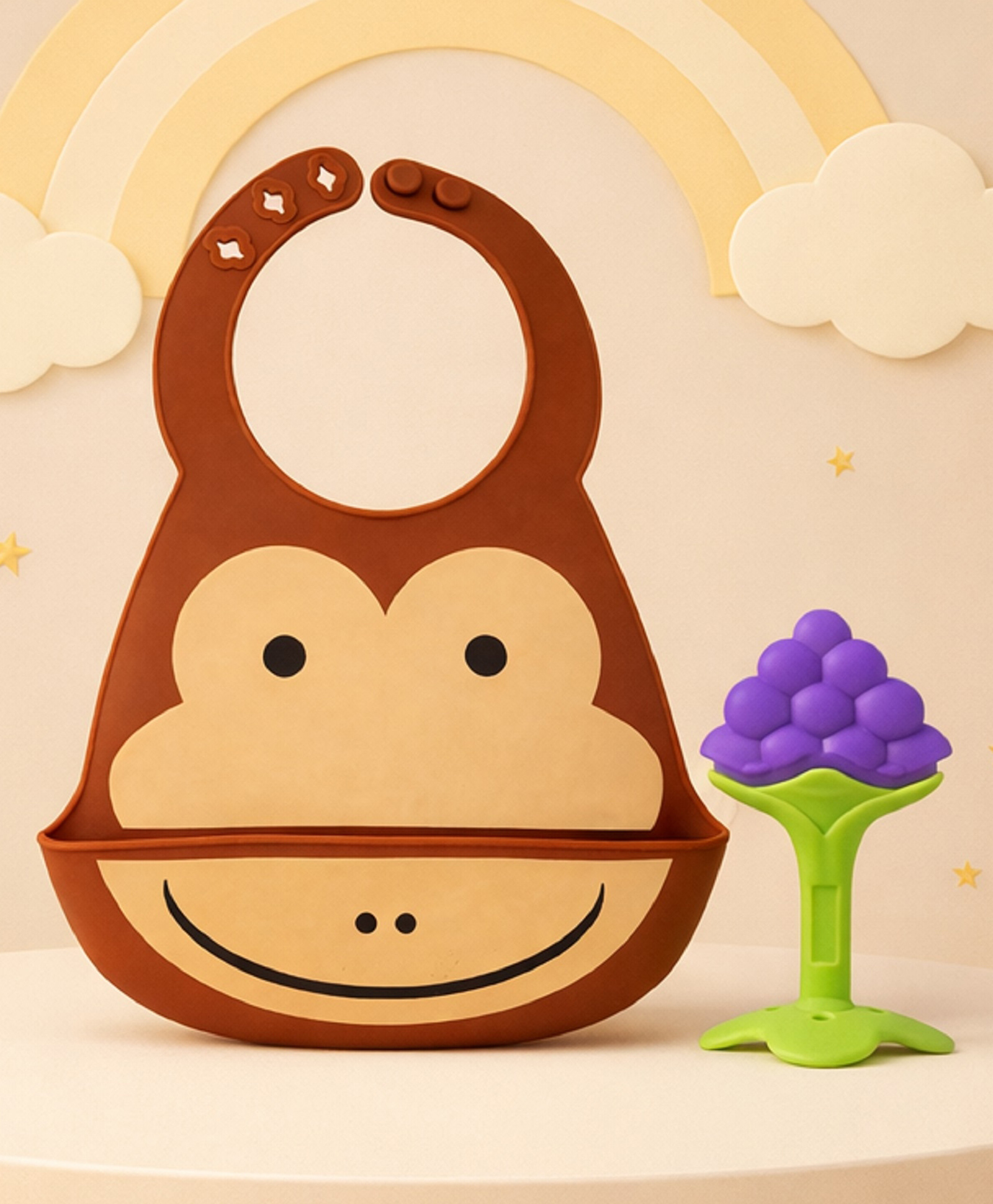 The Cheeky Kidzz Baby Bib with Food Catcher & Soft Silicone Fruit Shape Molar Teething Toy Set for Infants | BPA Free (Brown)-picture-19