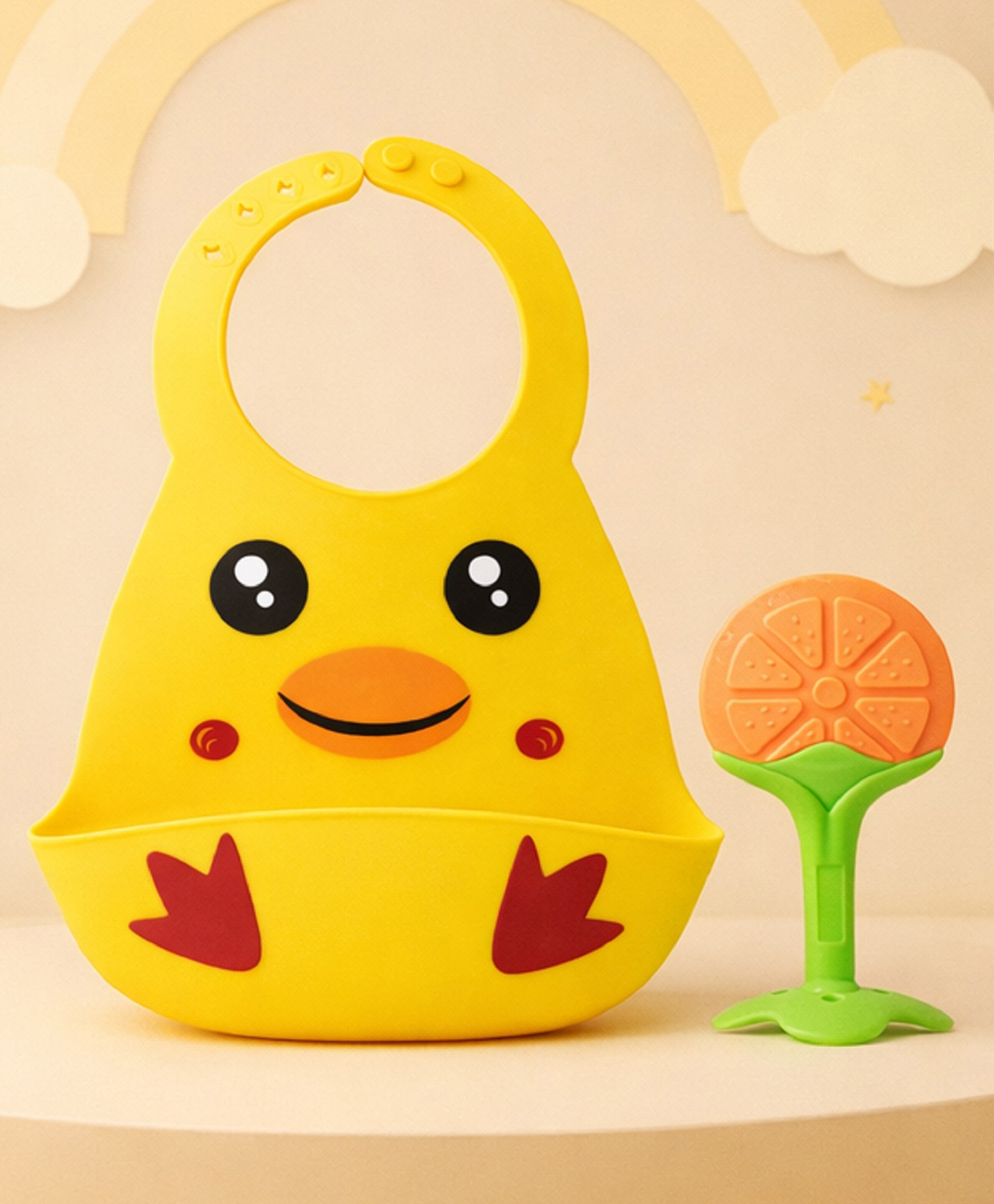 The Cheeky Kidzz Baby Cute Duck Print Silicone Adjustable Food Catcher Bib Apron With Soft Silicone Fruit Shape Molar Teething Teether BPA Free (Dark Yellow)-picture-20
