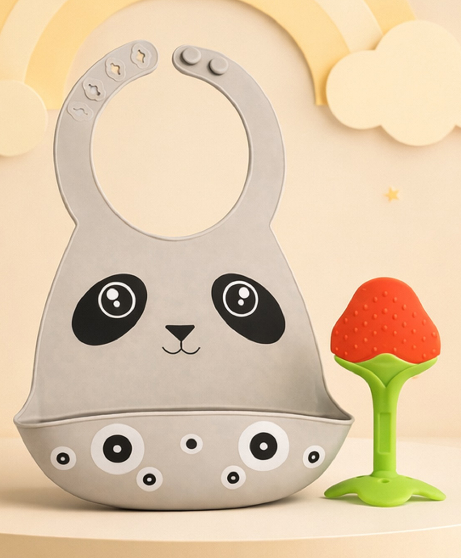 The Cheeky Kidzz Baby Cute Panda Print Silicone Adjustable Food Catcher Bib Apron With Soft Silicone Fruit Shape Molar Teething Teether BPA Free-picture-18