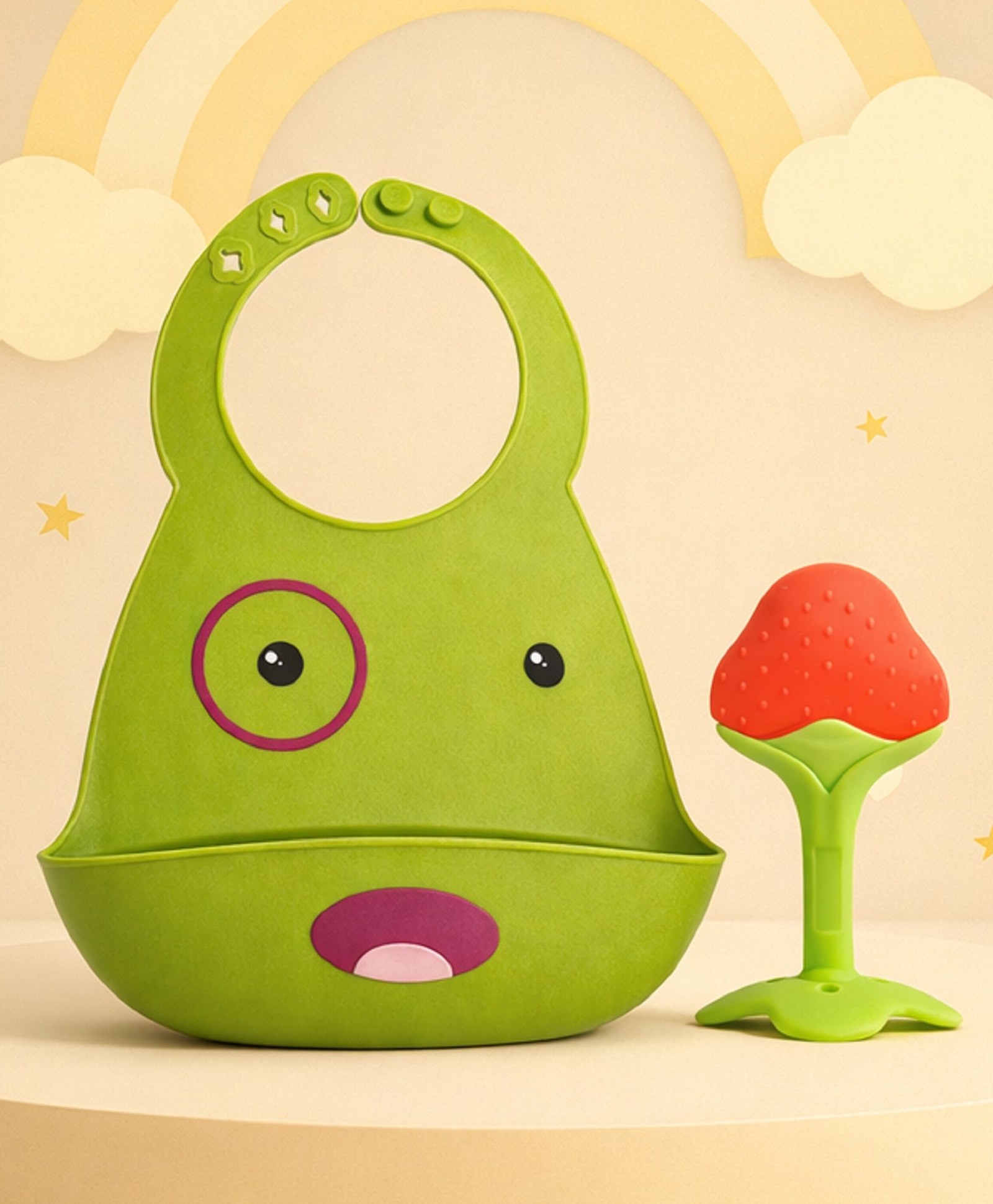 The Cheeky Kidzz Baby Cute Frog Print Silicone Adjustable Food Catcher Bib Apron With Soft Silicone Fruit Shape Molar Teething Teether BPA Free (GREEN)-image-33