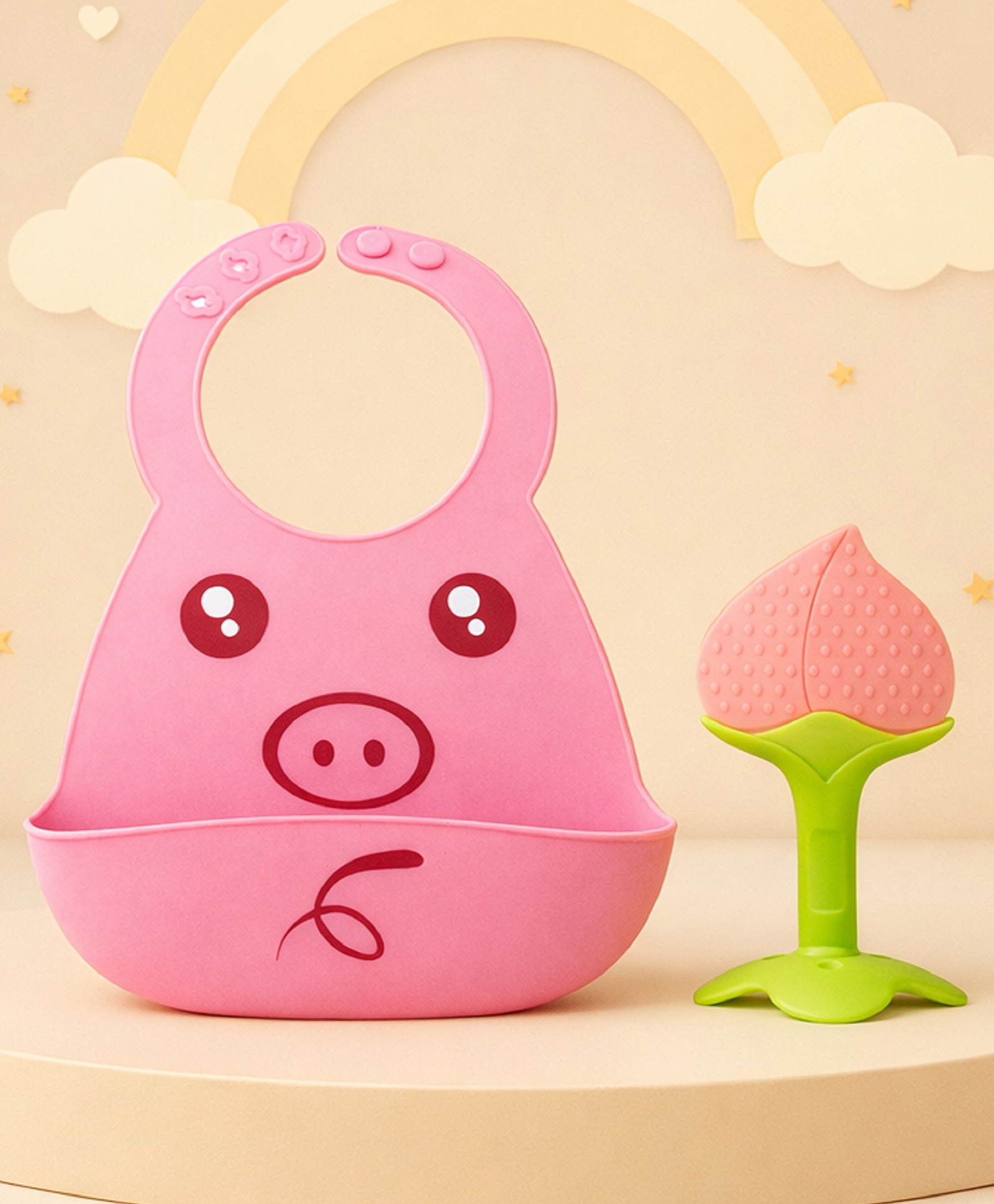 The Cheeky Kidzz Baby Cute Bear Print Silicone Adjustable Food Catcher Bib Apron With Soft Silicone Fruit Shape Molar Teething Teether BPA Free (PINK)-picture-12