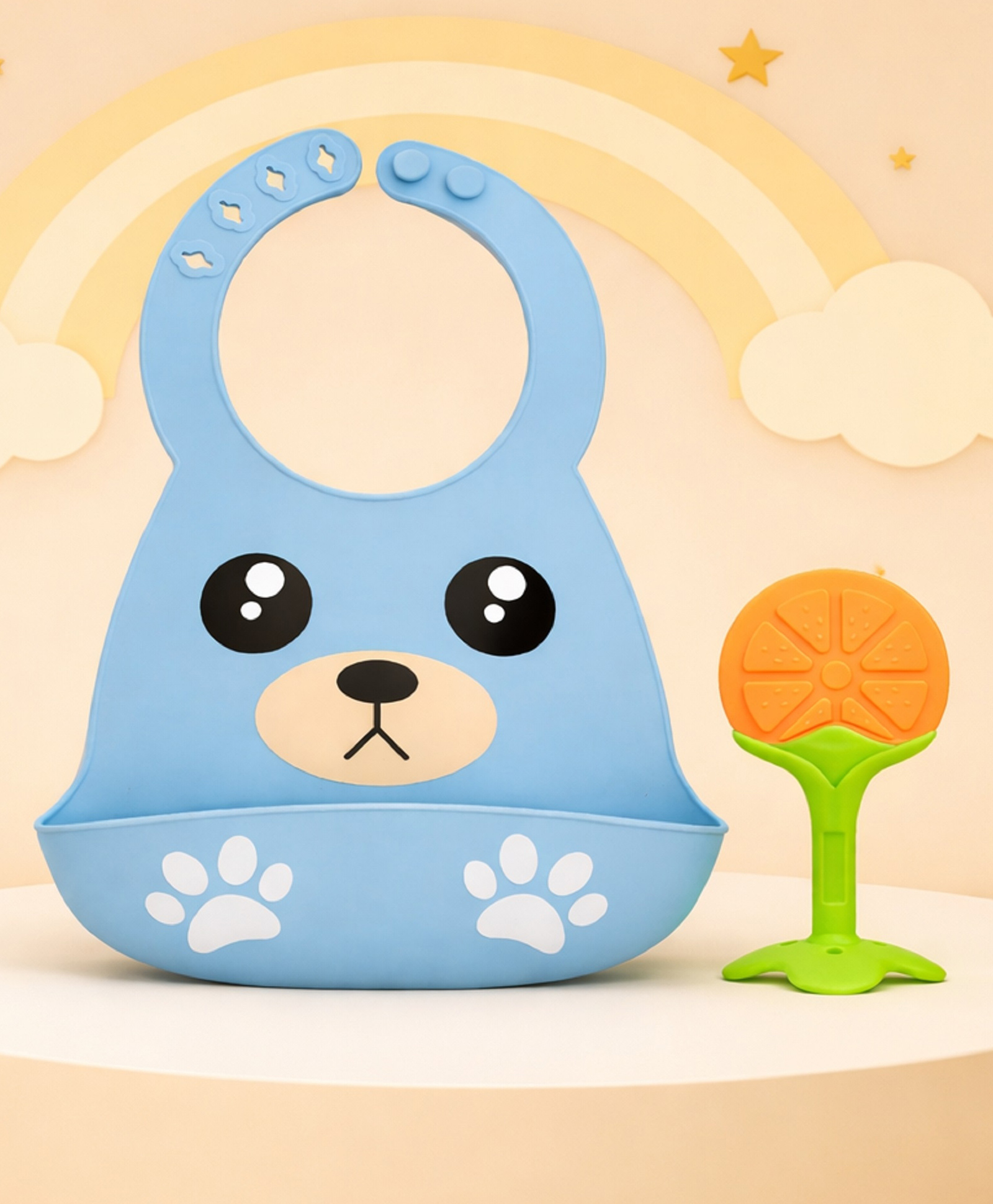 The Cheeky Kidzz Baby Cute Bear Print Silicone Adjustable Food Catcher Bib Apron With Soft Silicone Fruit Shape Molar Teething Teether BPA Free (BLUE)-image-27
