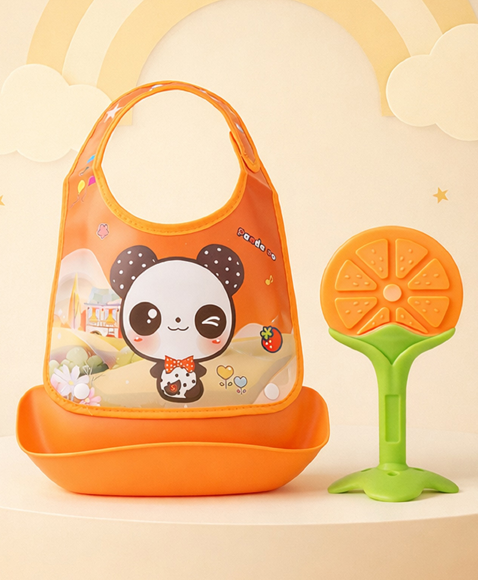 The Cheeky Kidzz Baby Silicone Bib With Removable Food Catcher And Soft Silicone Fruit Shape Molar Teething Teether BPA Free (Orange)-image-45